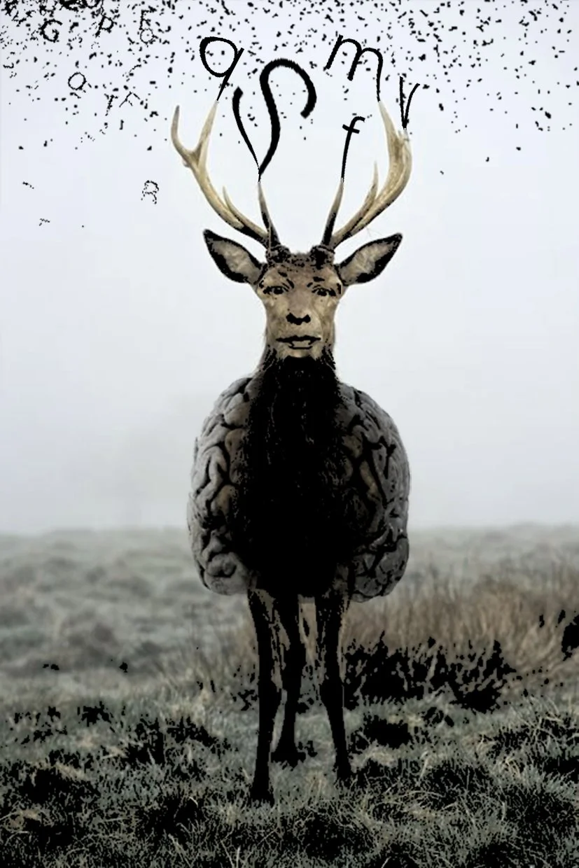 A surreal image of a deer with a brain body and antlers that transition into a forest of falling leaves and letters.
