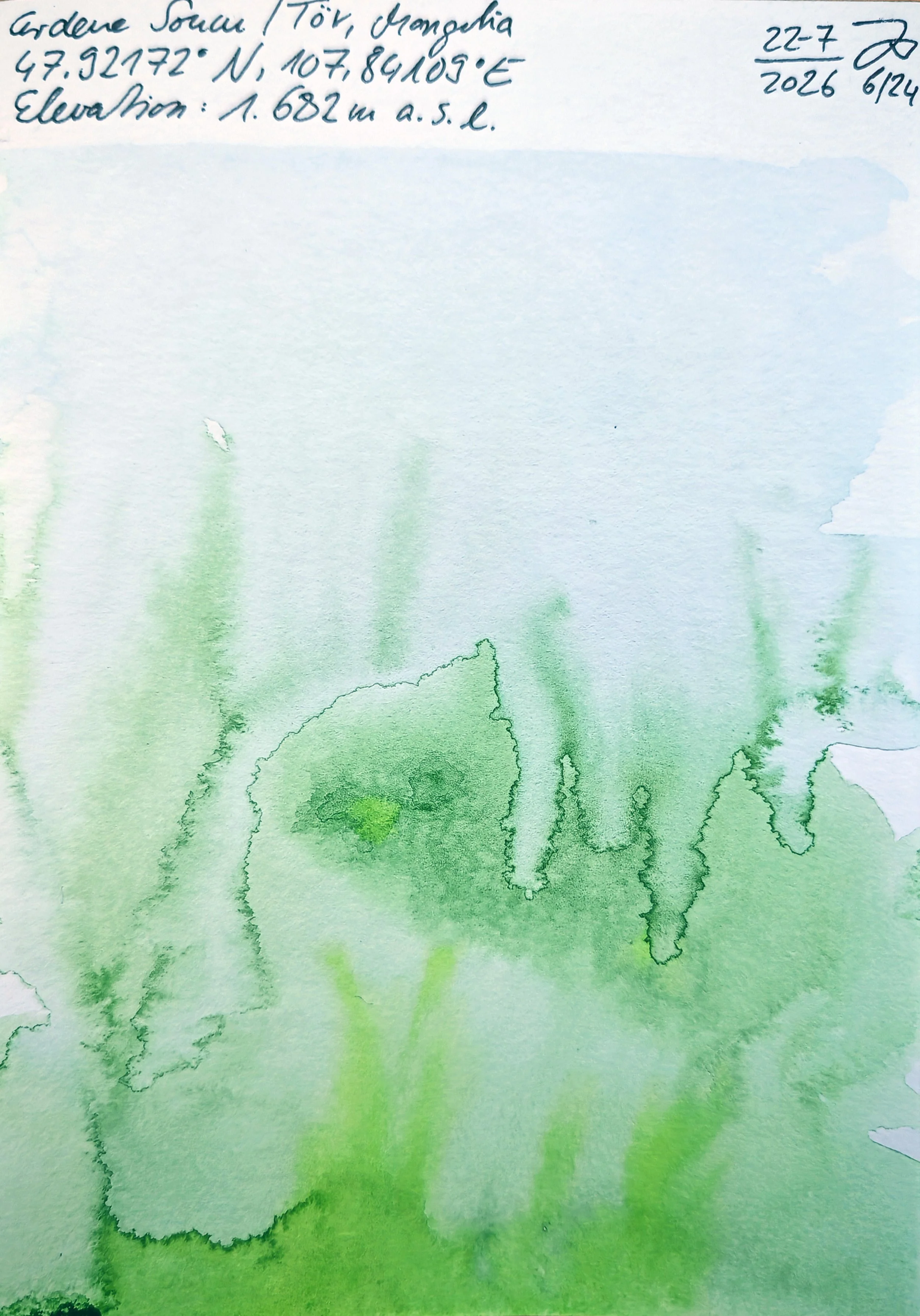 Handwritten notes on a piece of paper with a green watercolor background. The notes include location coordinates, elevation, and date, with some numbers and words visible.