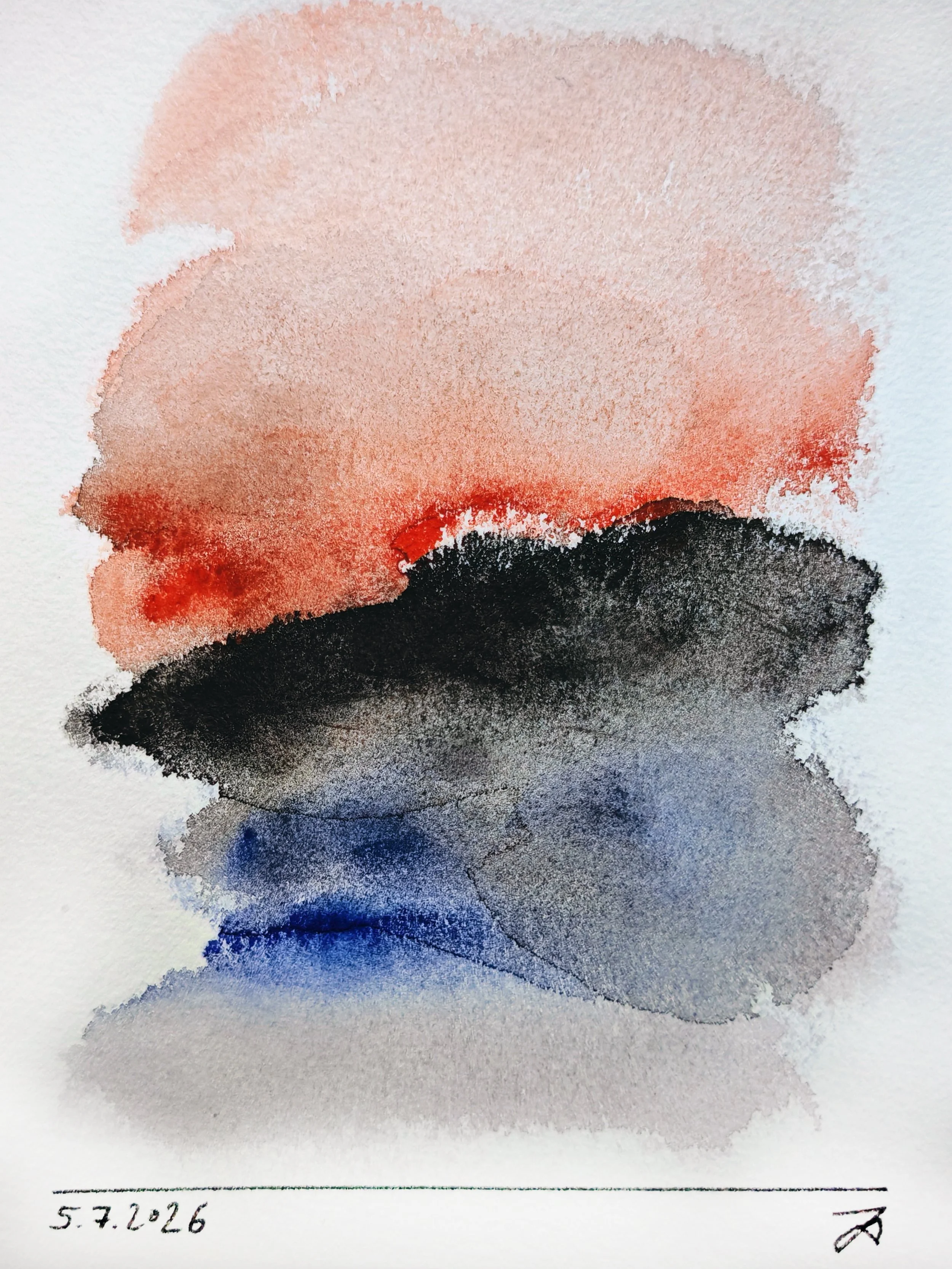 Watercolor painting with horizontal bands of color in beige, red, black, and blue on textured paper, dated 5.7.26 with initials or signature at the bottom right.