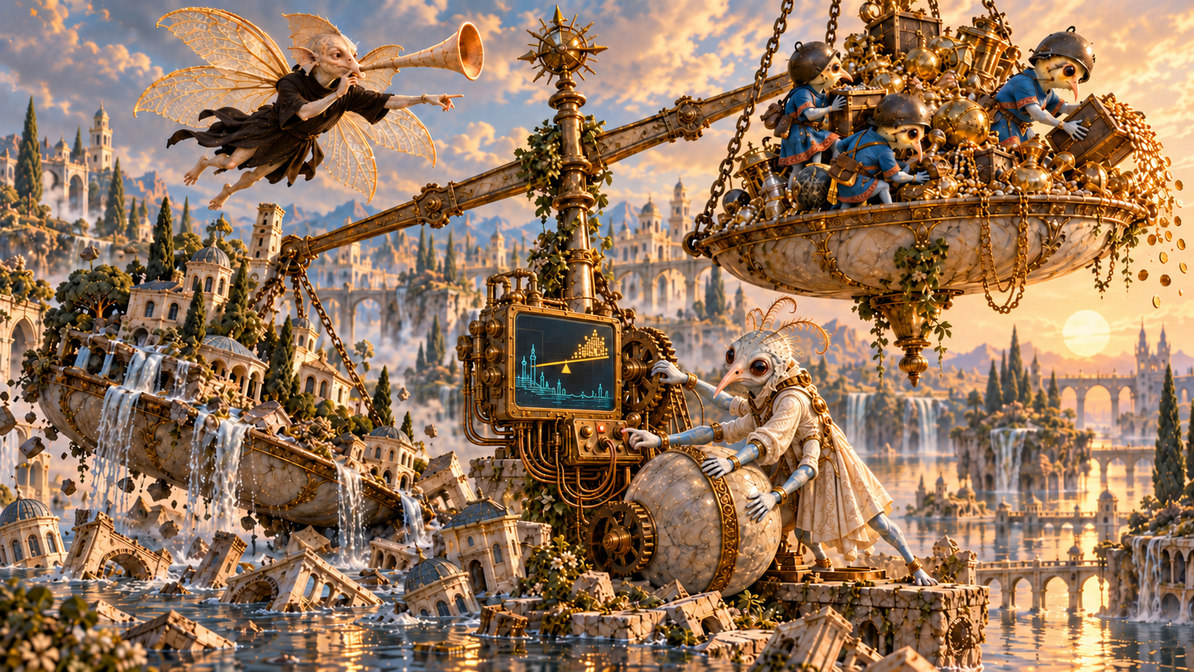 Fantasy scene with bird-like humanoids working on a complex mechanical device amid floating islands with ancient architecture and waterfalls during sunset.