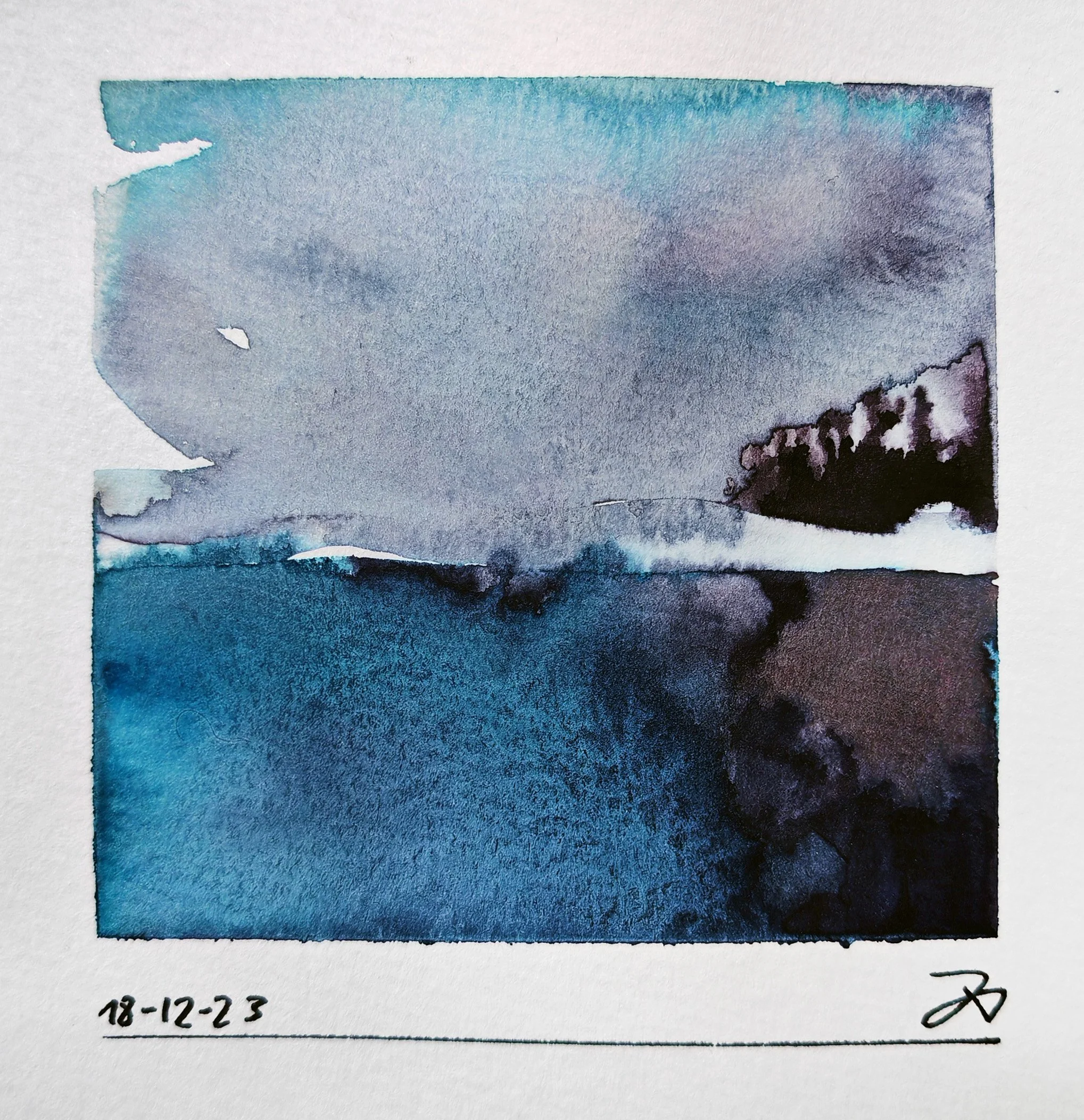 A sheet of watercolor paint swatches in various shades of blue and purple, with handwritten notes of date and initials at the bottom.