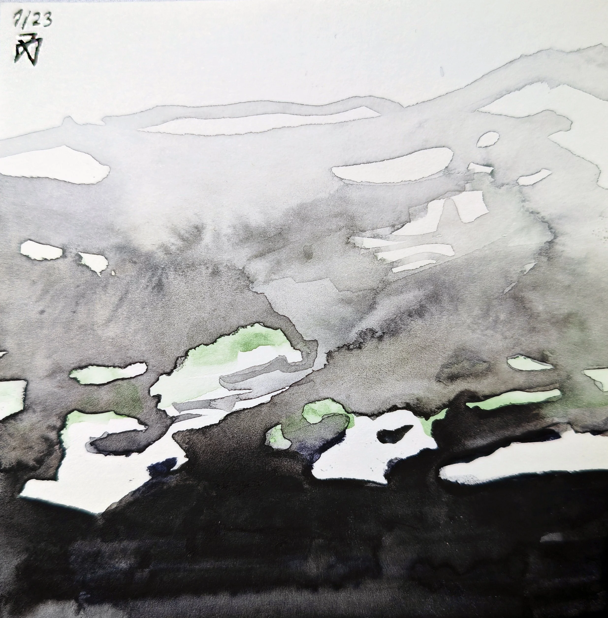 Abstract watercolor painting with black, gray, white, and subtle green shades.