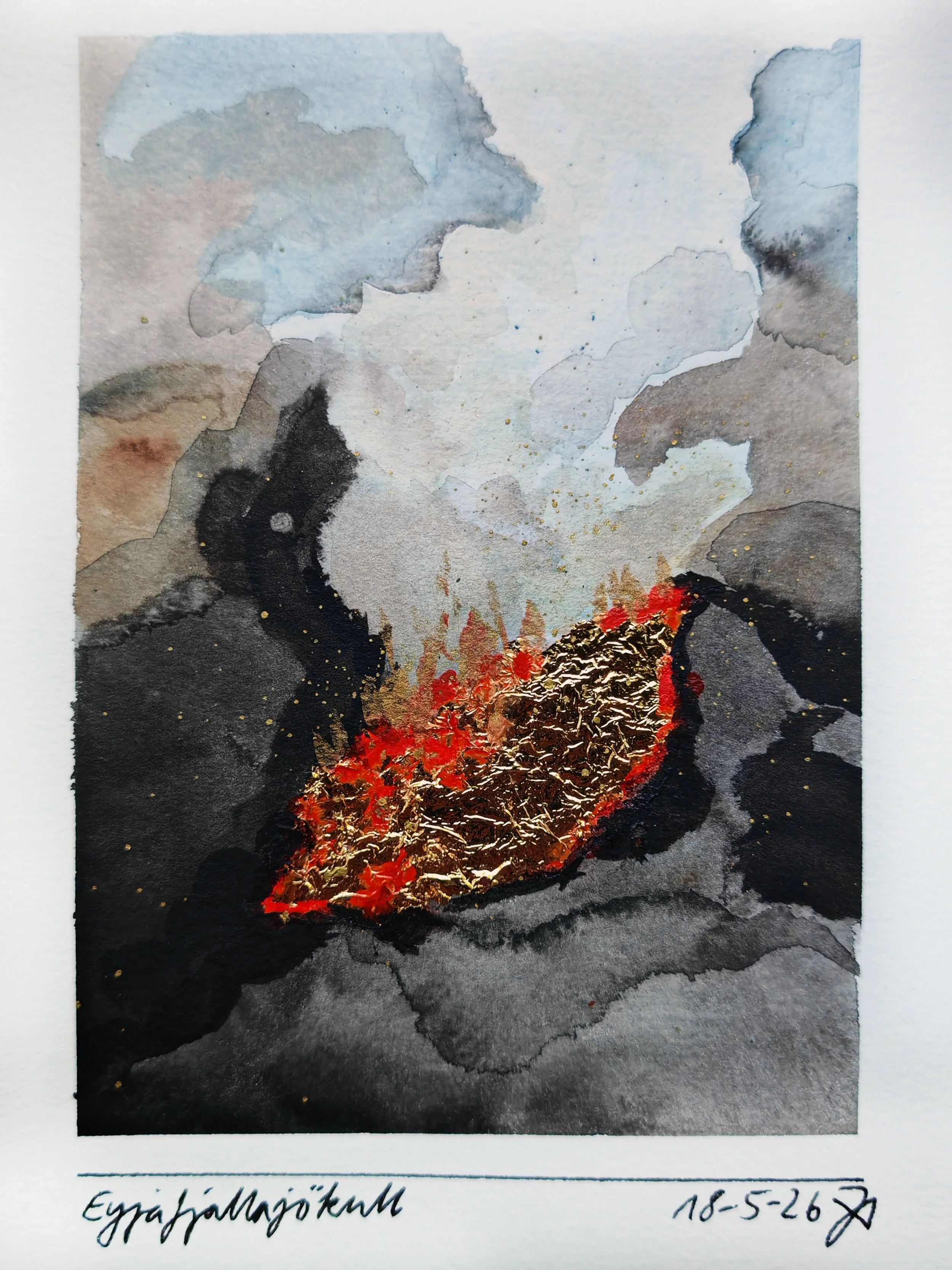Watercolor painting of a volcanic eruption with smoke, ash, and lava, including handwritten notes in Swedish, date 18-5-26, and the word "Eruptions" at the bottom.