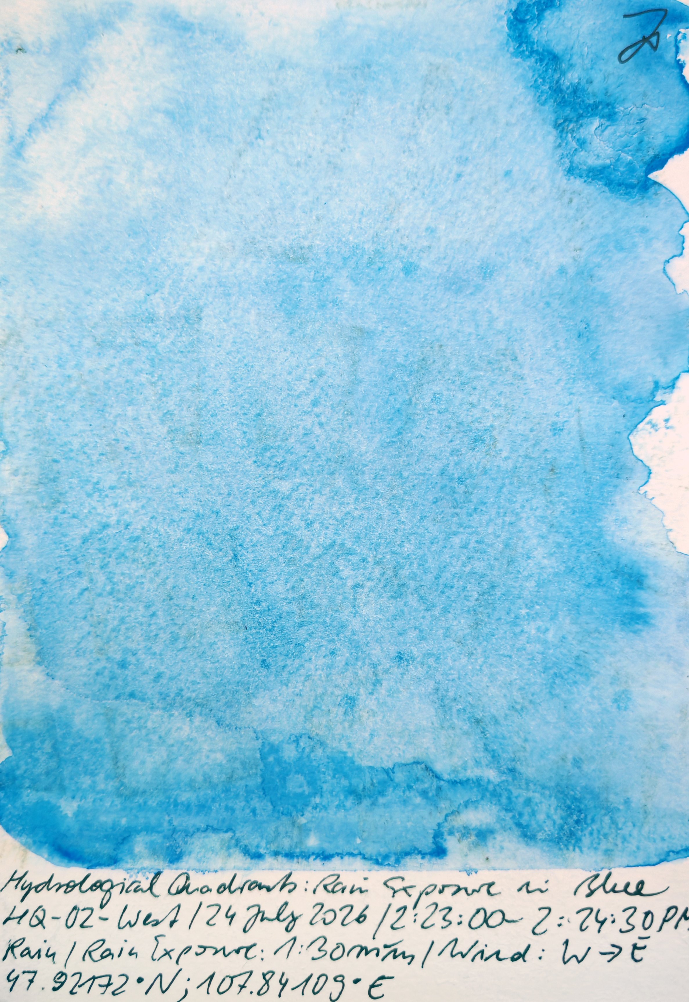 A watercolor painting in shades of blue with handwritten notes below describing an hydrological experiment. The notes include details about rain exposure, duration, wind, and geographical coordinates.