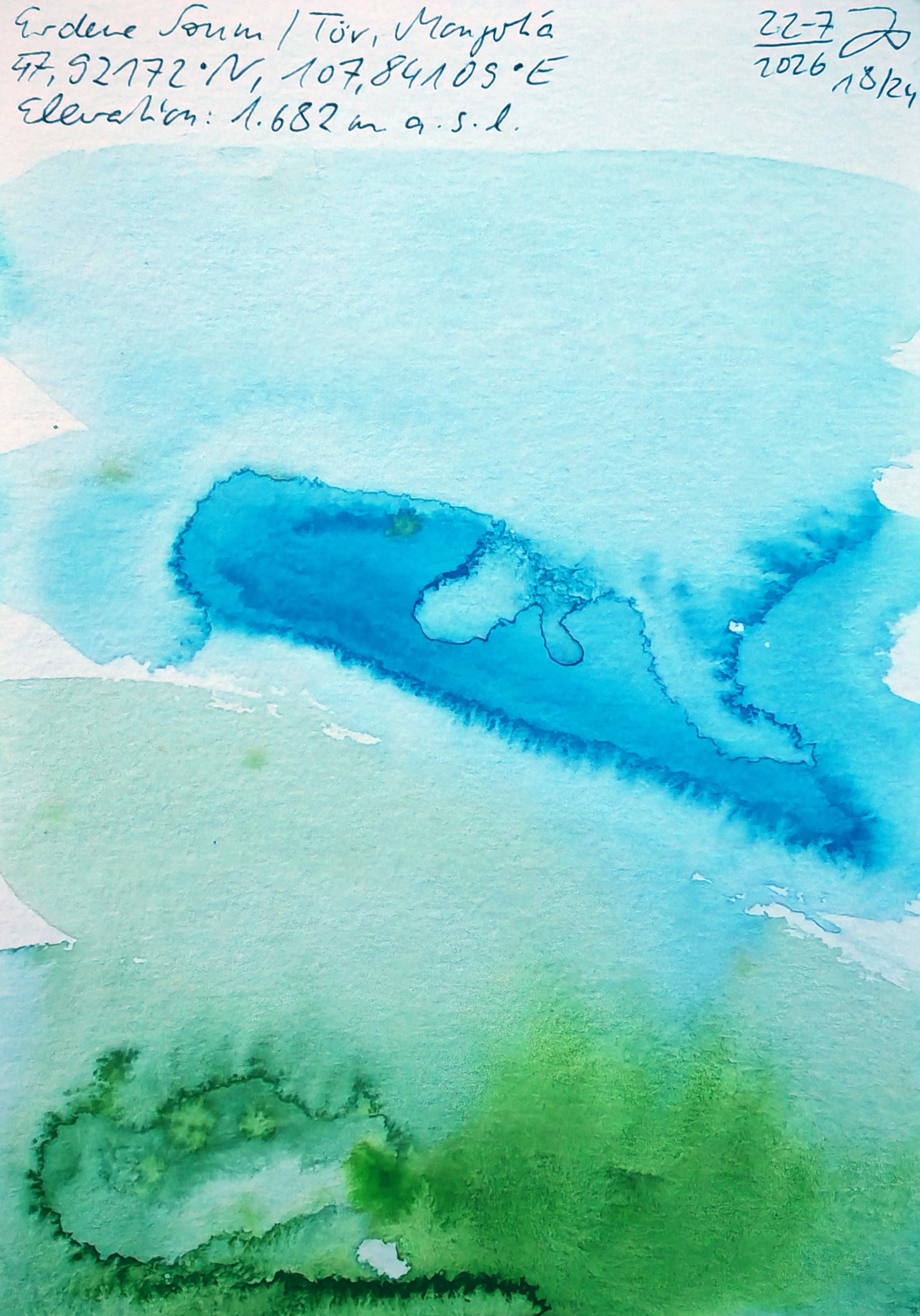 Watercolor painting of a landscape with a large blue mountain or hill in the foreground, green grass and trees in the lower part, and a light blue sky with handwritten text at the top.