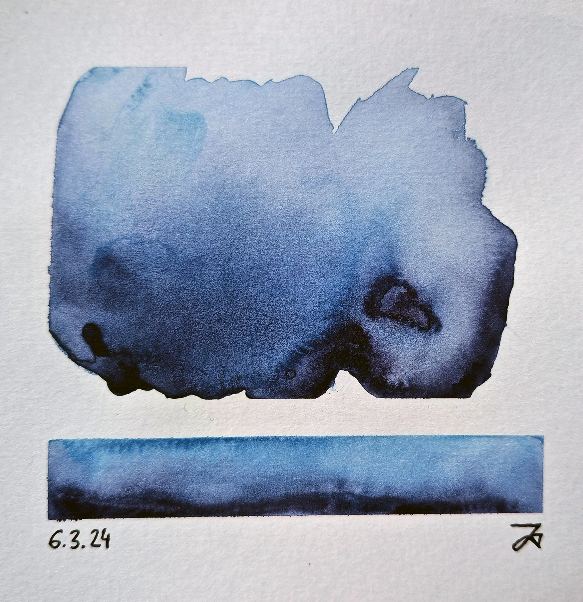 Watercolor painting of a blue and purple nebula with handwritten date 6.3.24 and signature.