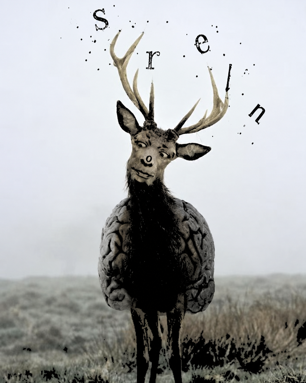 A surreal artwork of a deer with antlers, with a human face, standing in a foggy field, with the word 'Surrender' displayed in the sky.