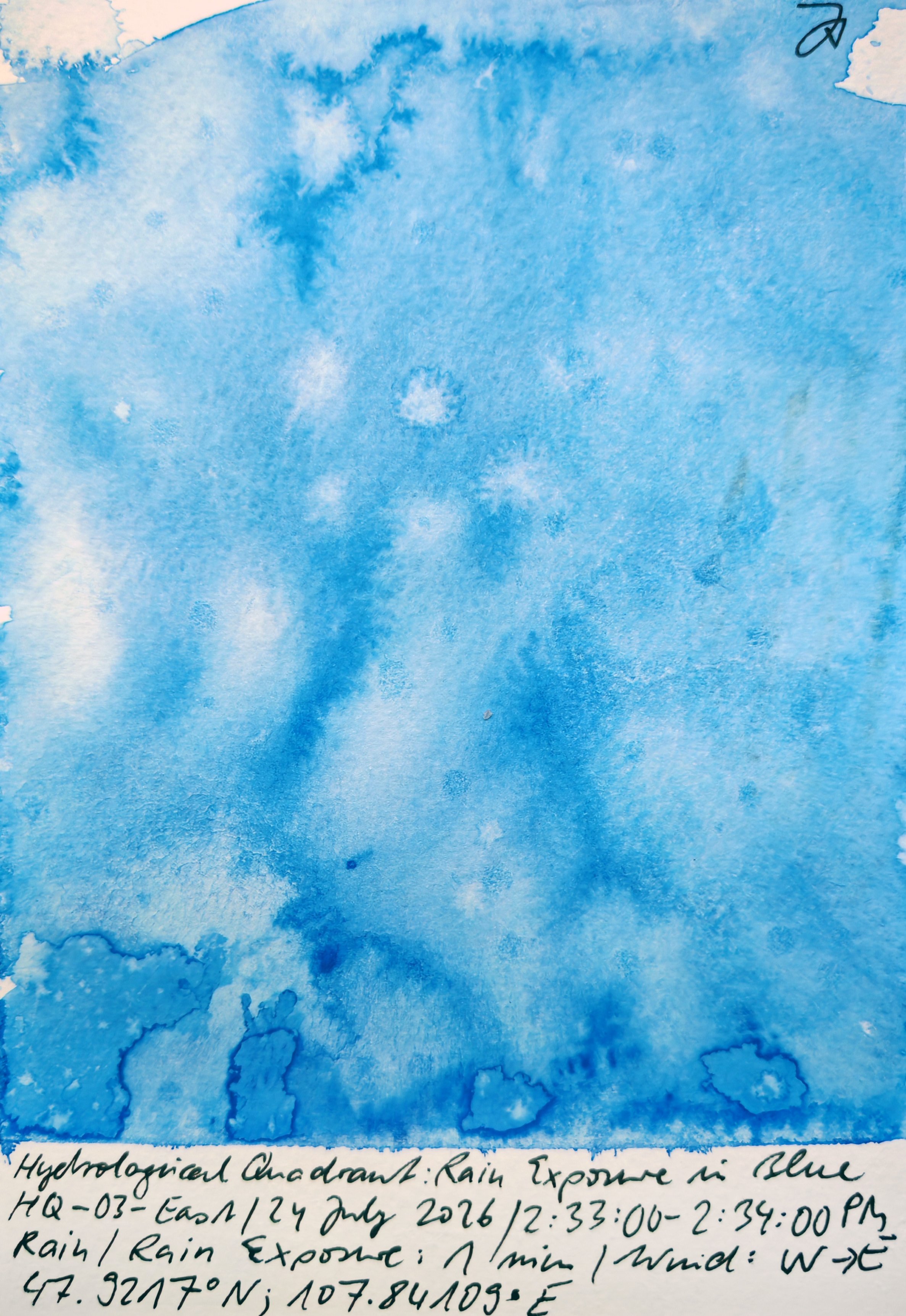 A watercolor painting of a blue sky with clouds. The bottom contains handwritten text describing the watercolor, including weather conditions and geographic coordinates.