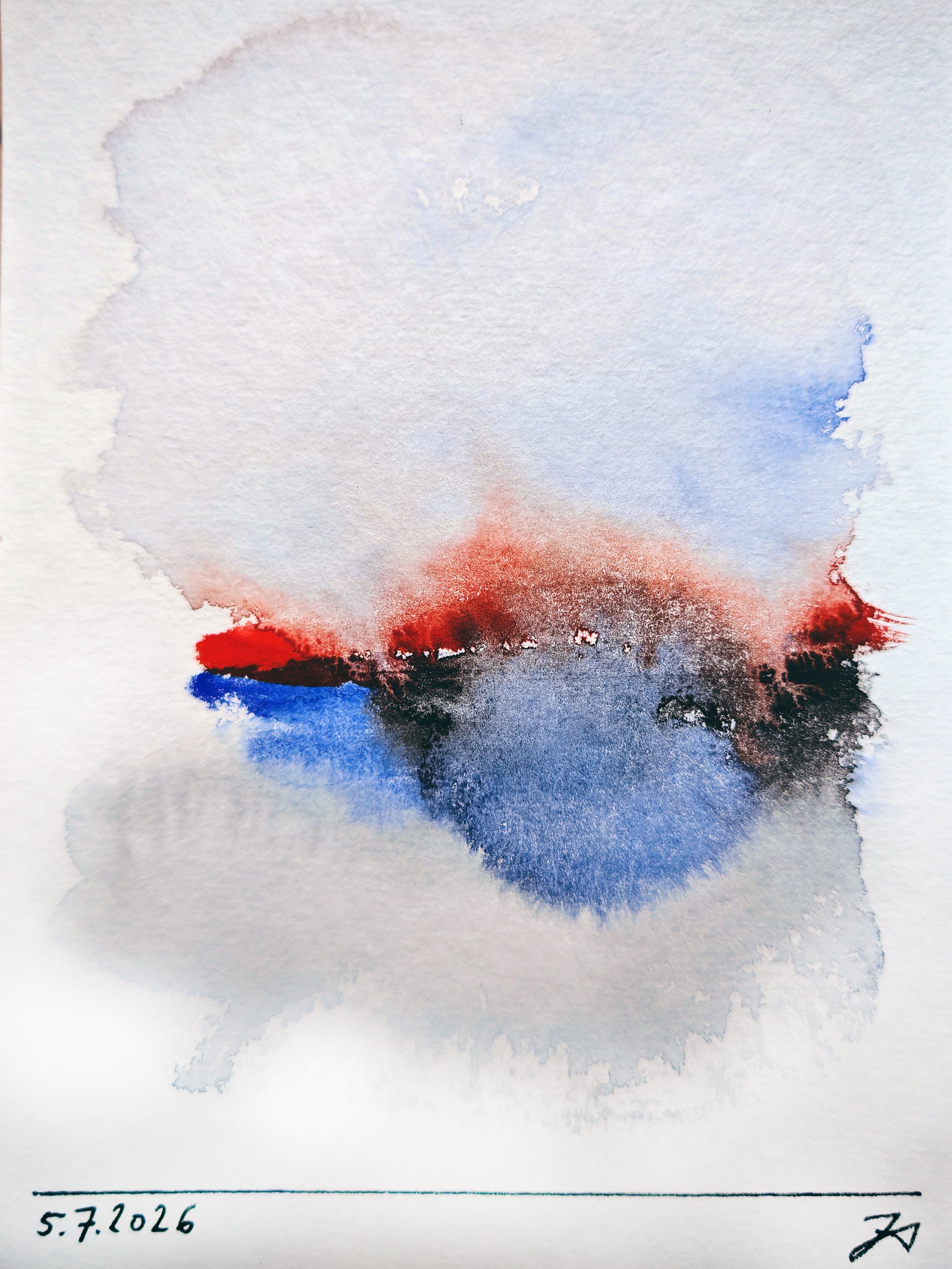 Abstract watercolor painting with shades of blue, red, and black on textured paper. The bottom contains the date 5.7.2026 and some handwriting.