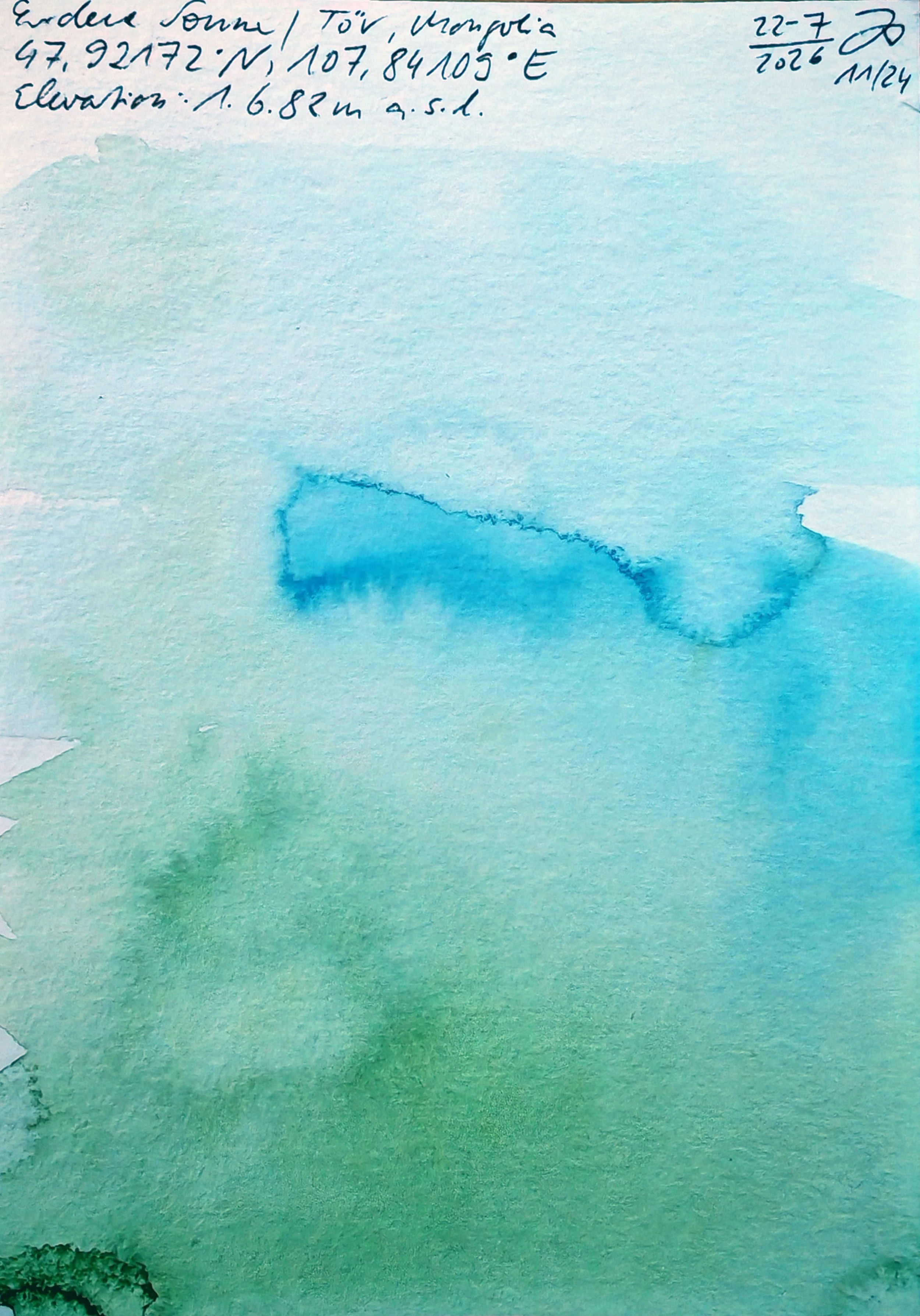 Watercolor painting of a mountain landscape with green and blue hues, a mountain in the center, and handwritten notes about the location and elevation at the top.