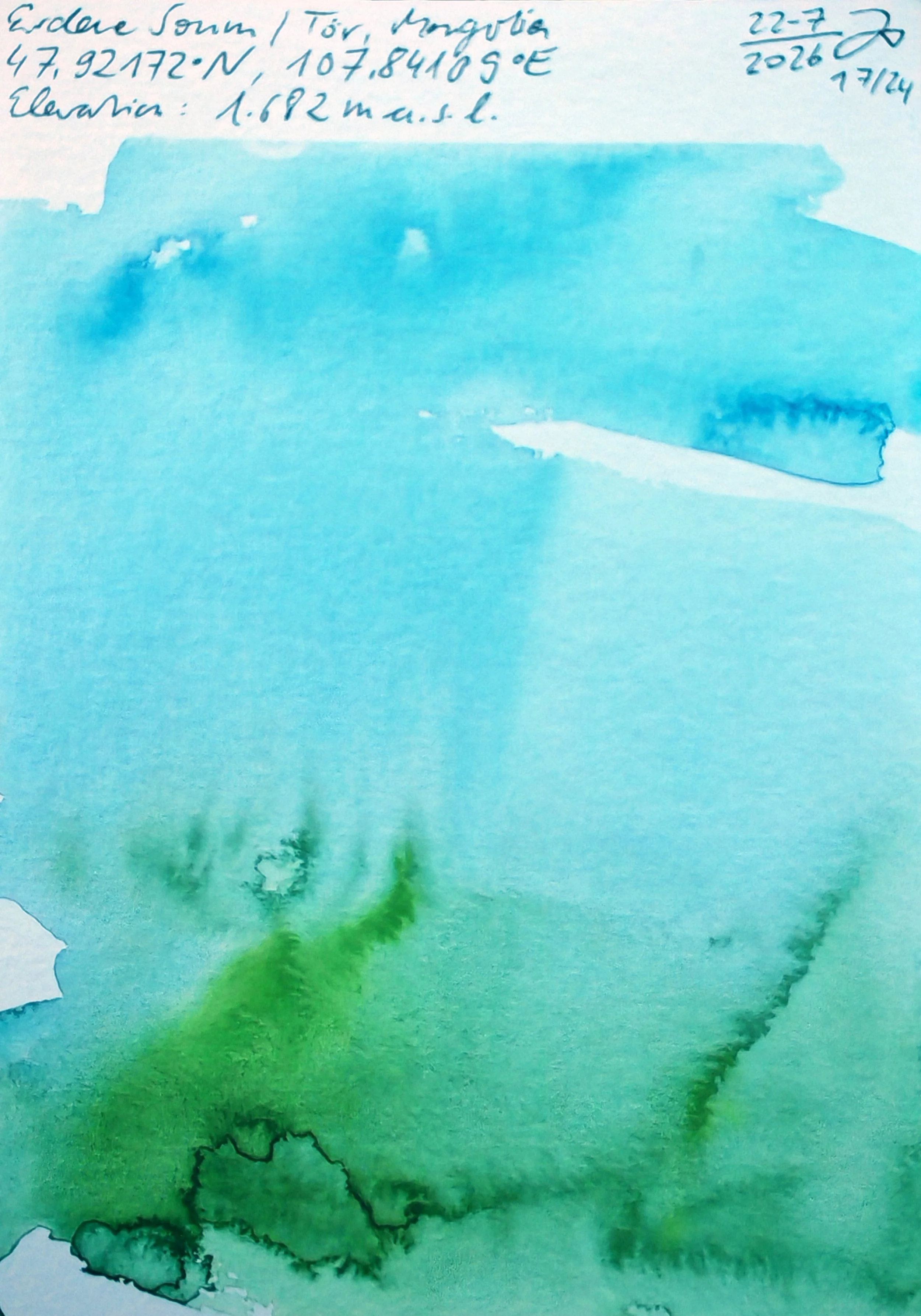 A watercolor map of Earth with handwritten notes in the top left corner. The map uses shades of blue and green to depict the continents and oceans.