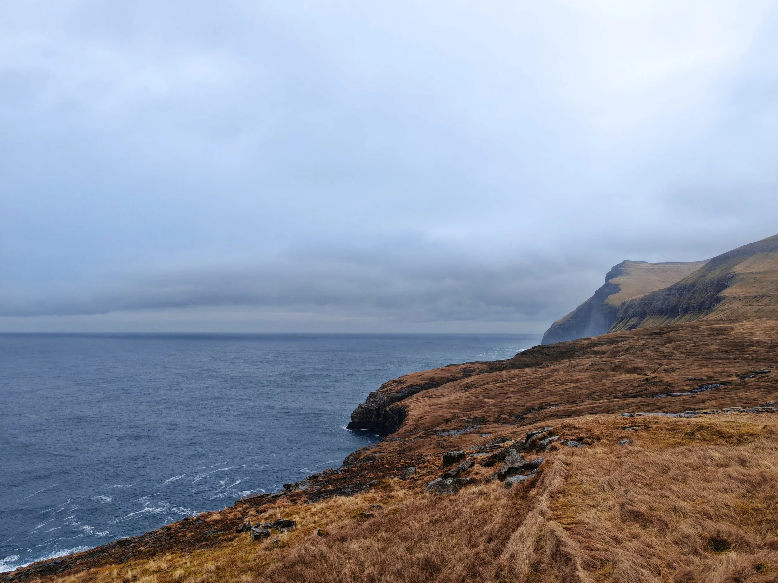 Cliffs along a rugged coastline with grassy and rocky terrain, under a cloudy sky.