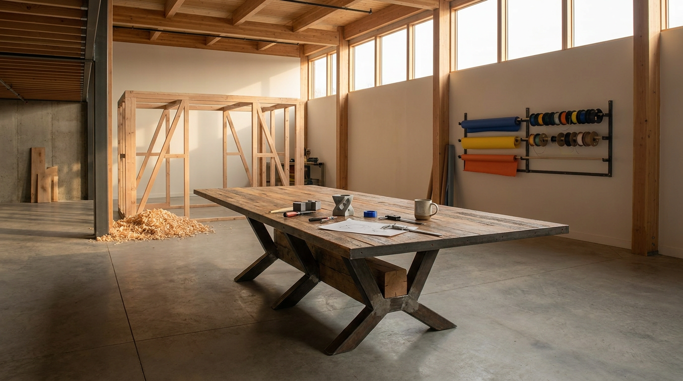 Wooden workshop with a large work table, tools, and construction materials, including wood shavings, against a backdrop of wooden framed walls and large windows letting in natural light.