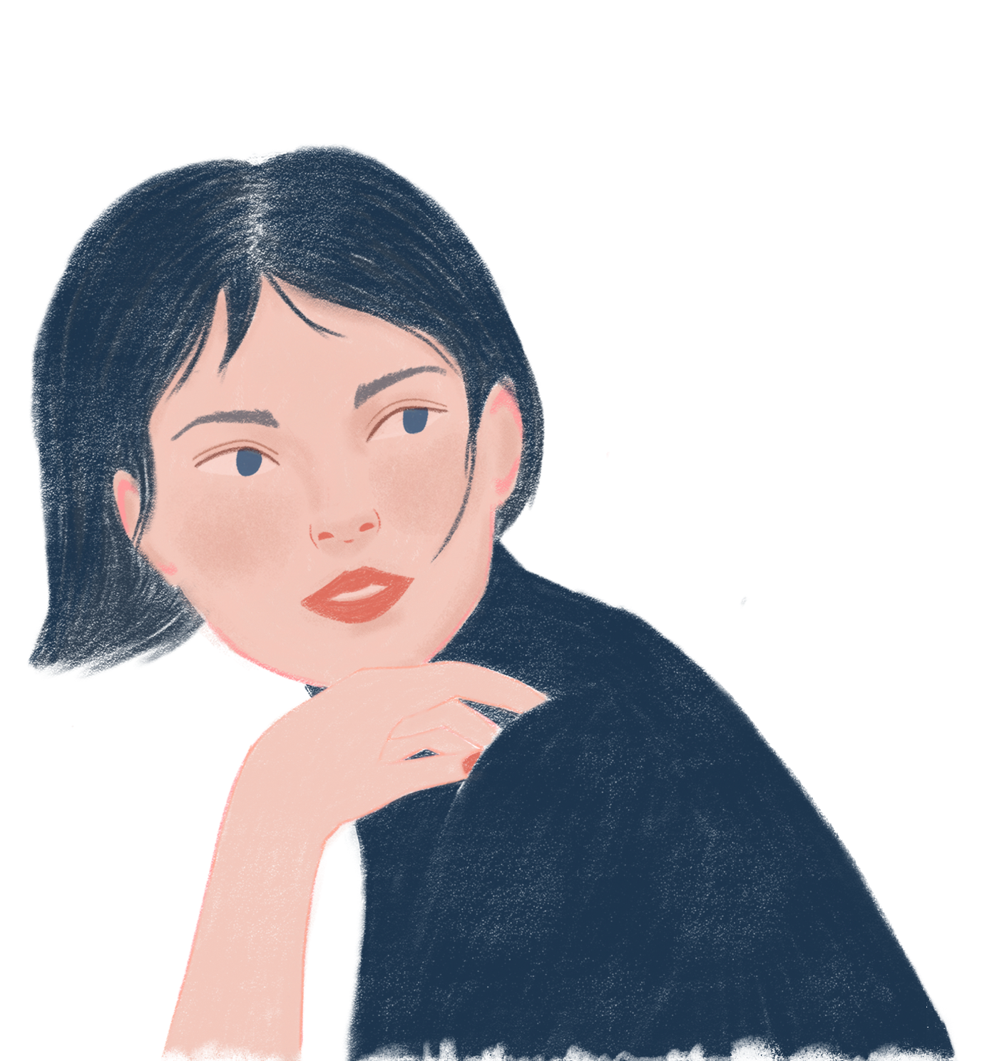 Digitale Illustration einer Person mit kurzen, dunklen Haaren, die nachdenklich zur Seite schaut. Der Hintergrund ist einfärbig und die Person trägt ein dunkles Oberteil.