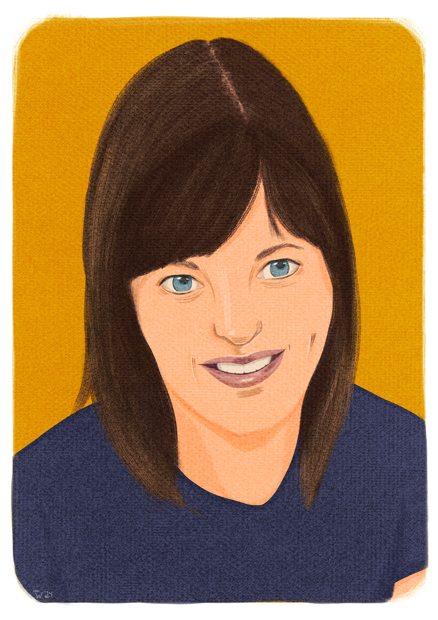 Illustration einer lächelnden Person mit braunen Haaren vor einem gelben Hintergrund.