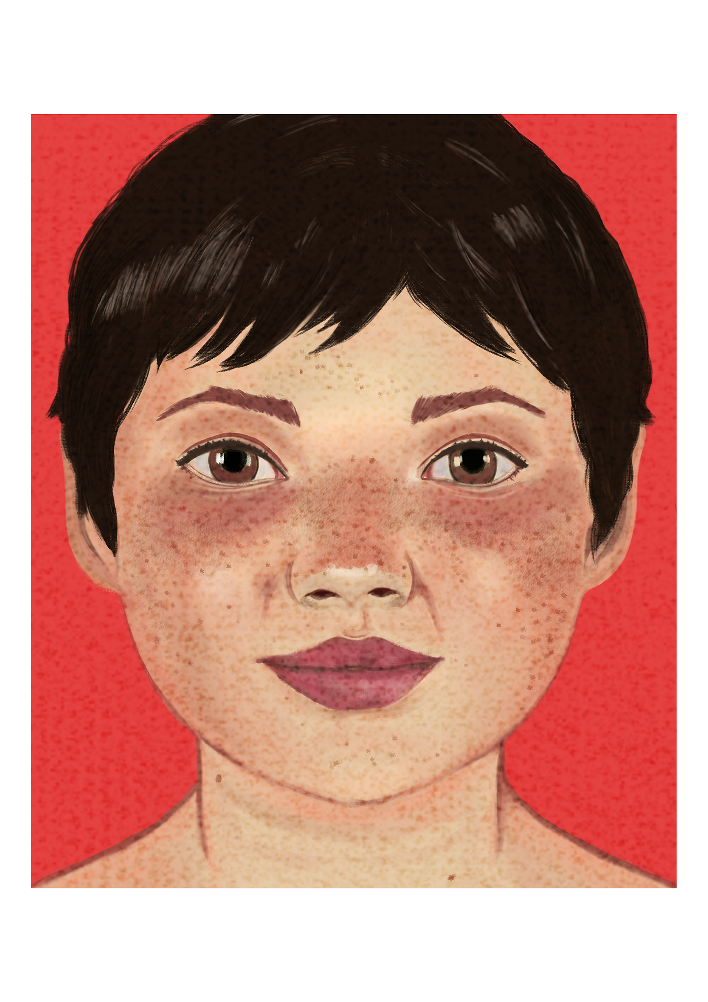 Illustration eines Gesichts einer Person mit kurzen dunklen Haaren und Sommersprossen, vor einem roten Hintergrund.