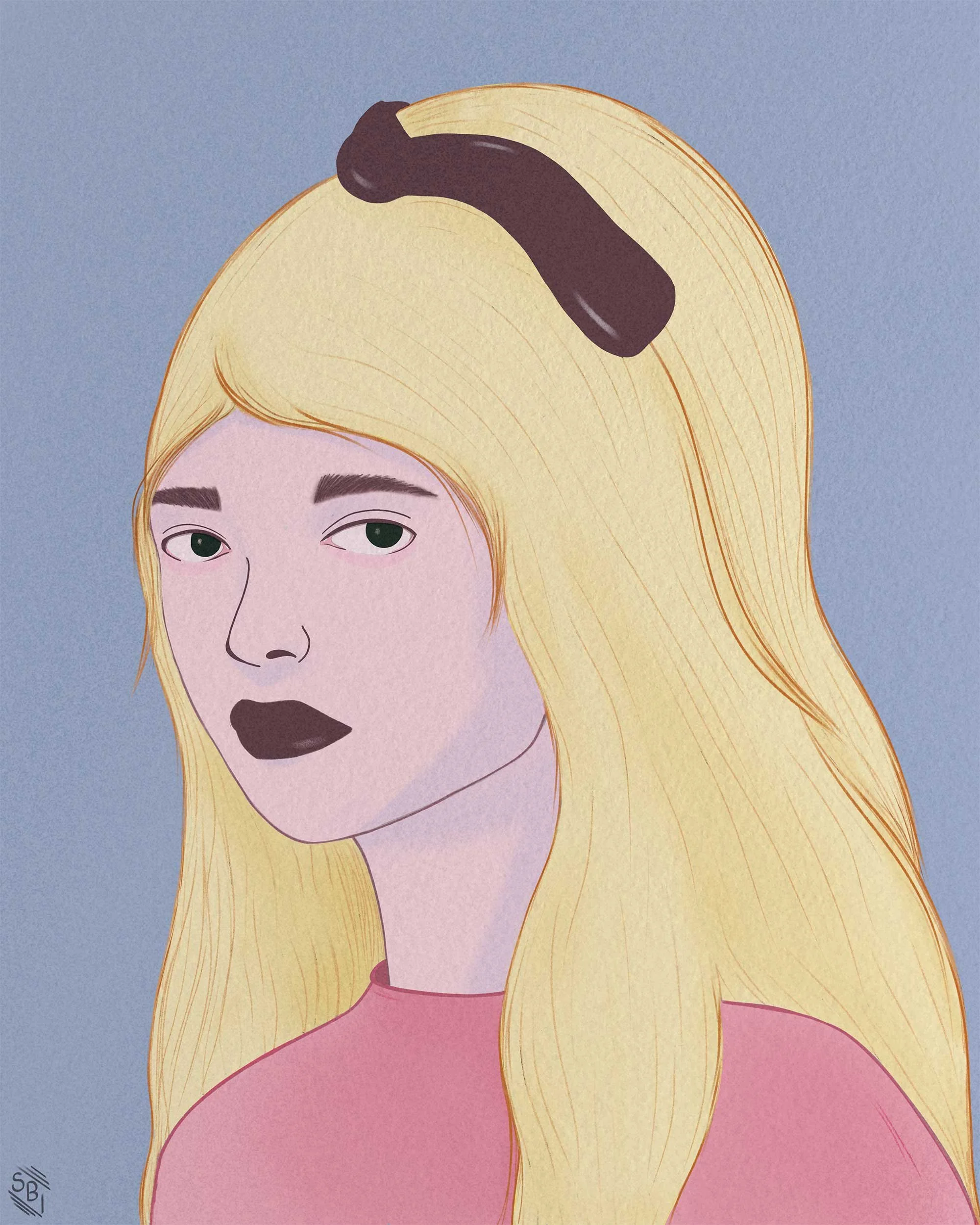 Illustration einer Frau mit blonden Haaren, rotem Oberteil und dunklem Haarreif auf blauem Hintergrund.