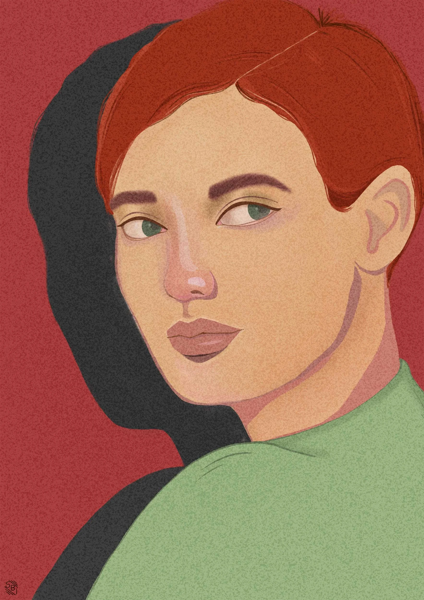Illustration eines Gesichts mit rotem Haar und grünem Hemd vor rotem Hintergrund.