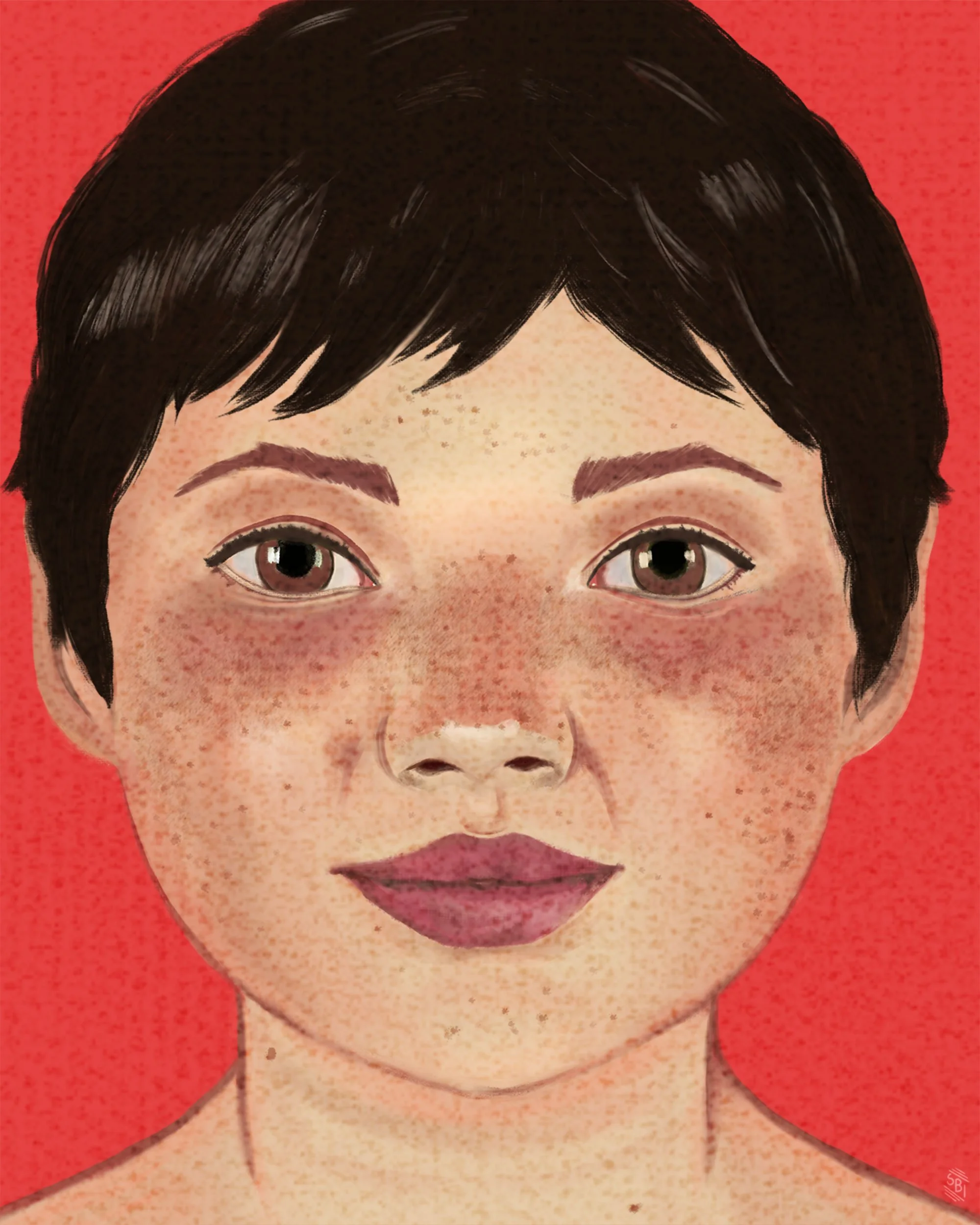 Illustration eines Gesichts mit kurzen dunklen Haaren und Sommersprossen vor einem roten Hintergrund.