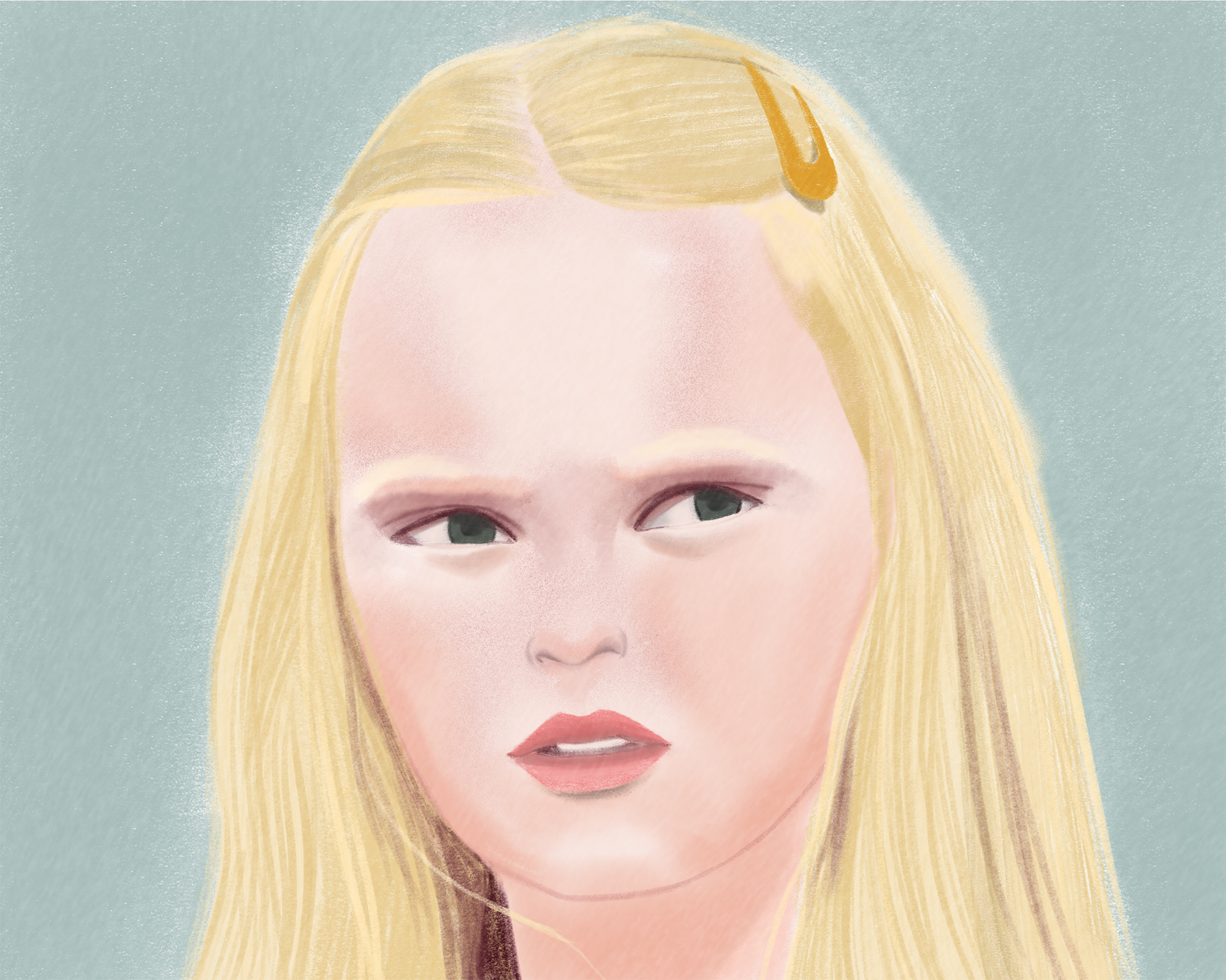 Zeichnung eines Mädchens mit blonden Haaren, die zur Seite gebürstet ist und von einer Haarspange gehalten wird. Der Hintergrund ist hellblau.