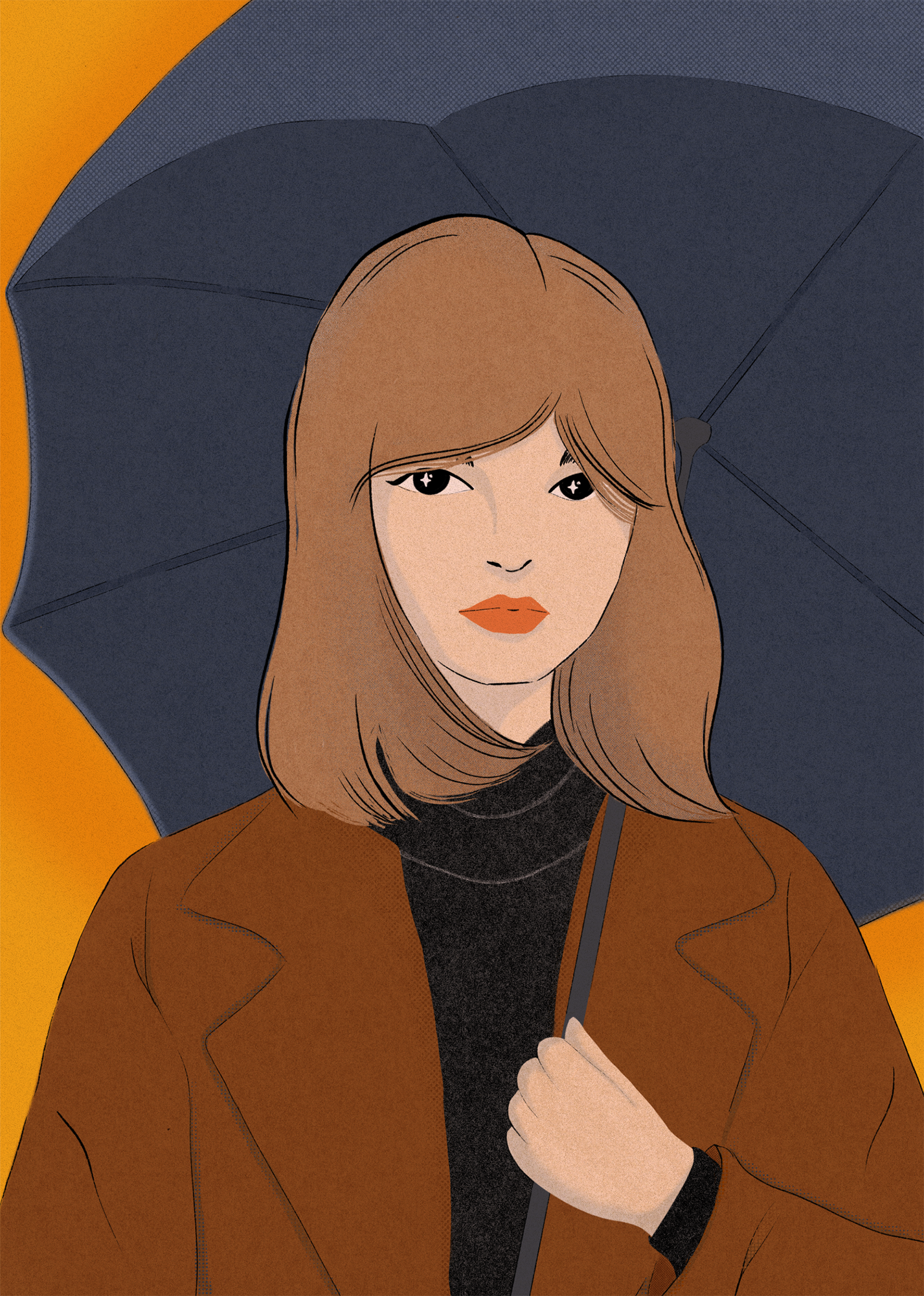 Illustration einer Frau mit braunen Haaren, schwarzem T-Shirt, braunem Mantel, hält einen schwarzen Regenschirm, vor einem orangen Hintergrund.