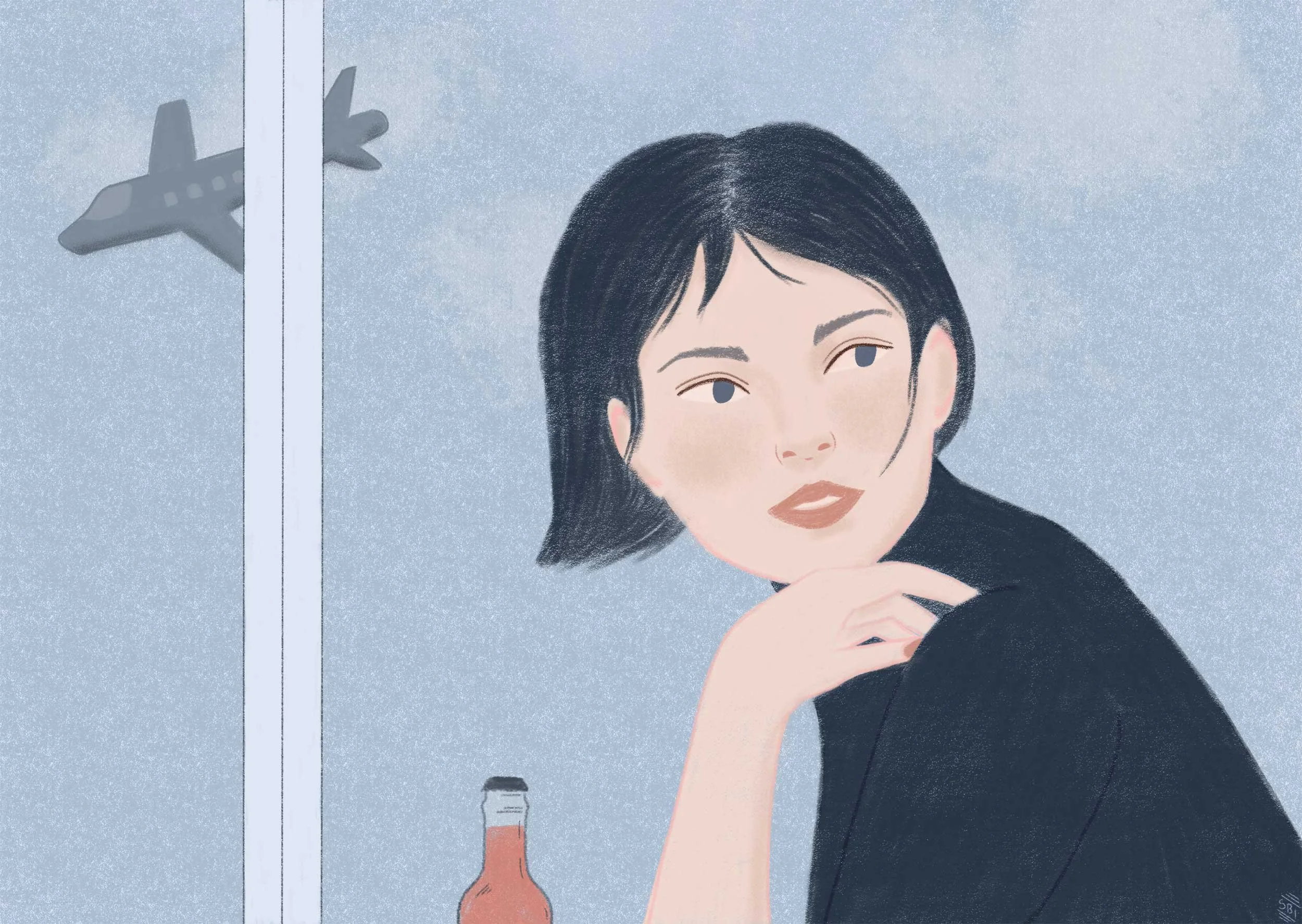 Illustration eines jungen Mädchens mit dunklen Haaren, das an einem Fenster steht, wobei eine kleine Flugzeug Illustration im Hintergrund sichtbar ist.