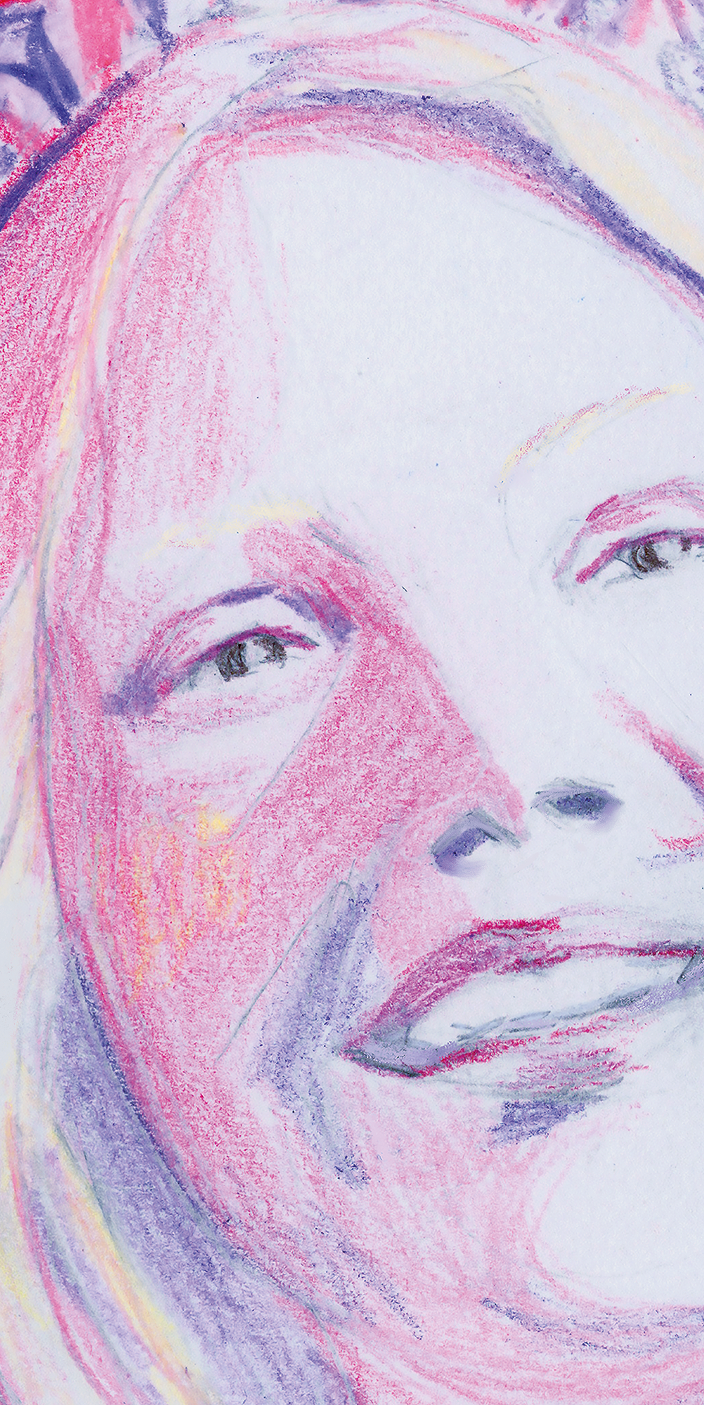 Handgezeichnetes Porträt einer Frau, hauptsächlich in Pink- und Lilatönen, mit einem Ausdruck von Lächeln und sichtbaren Augen.