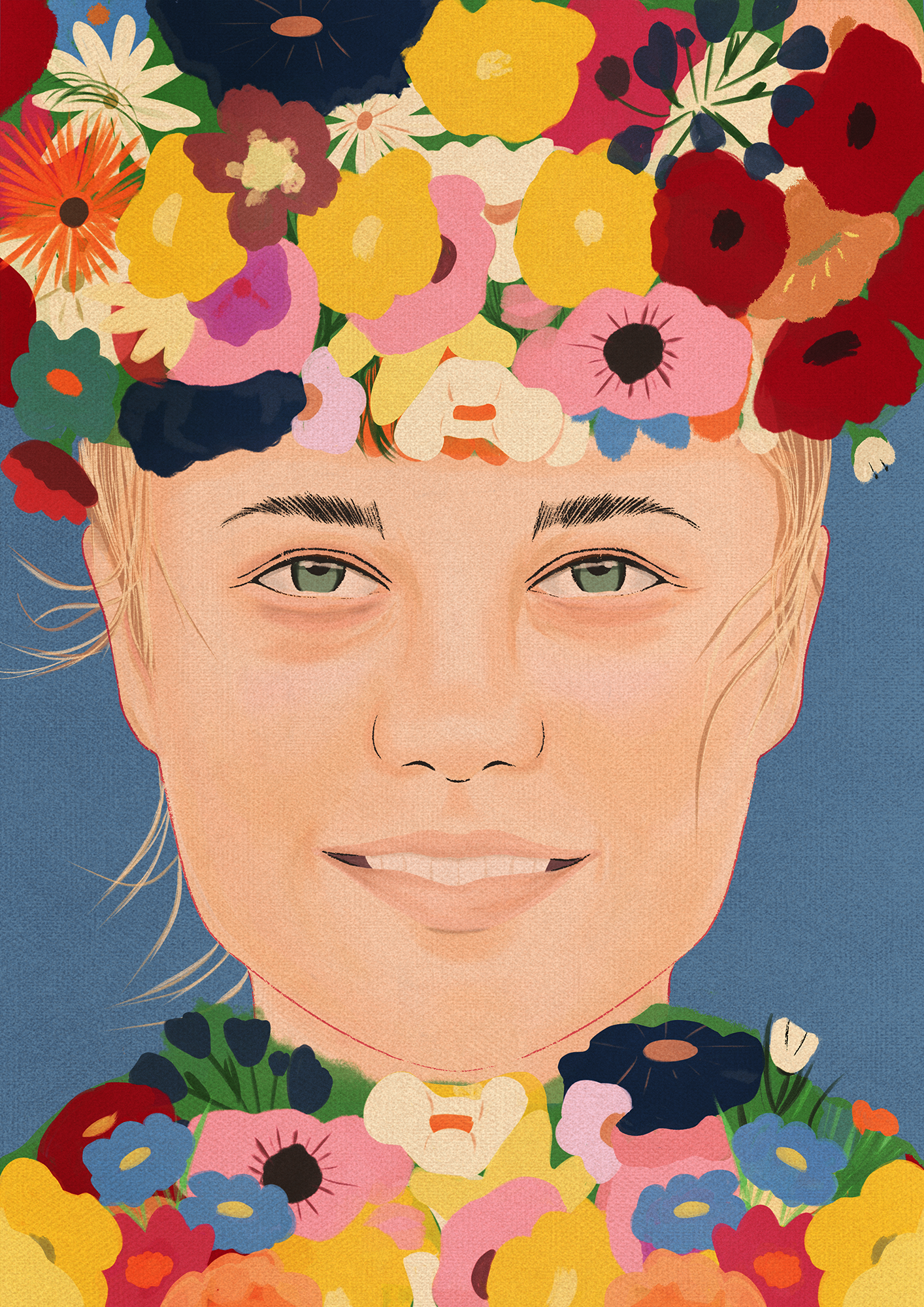 Digitale Illustration von Florence Pugh in dem Film Midsommar mit einer Vielzahl bunter Blumen auf dem Kopf und um den Hals.