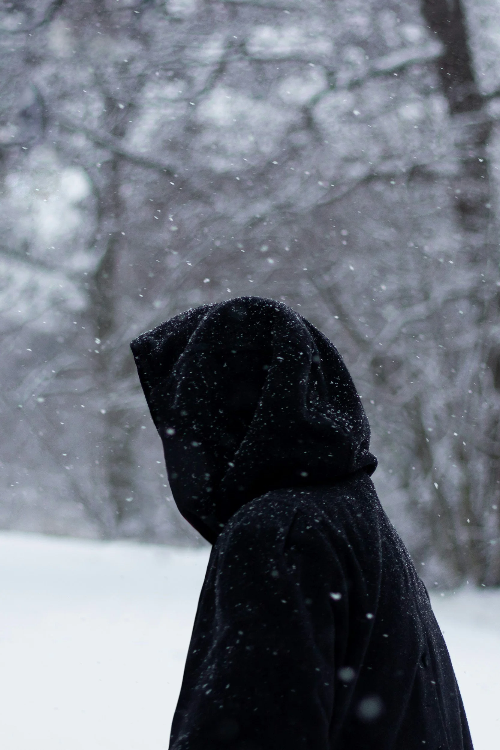 An anonymous person wearing black pants standing outdoors in a snowy landscape with trees in the background, with snowflakes falling.