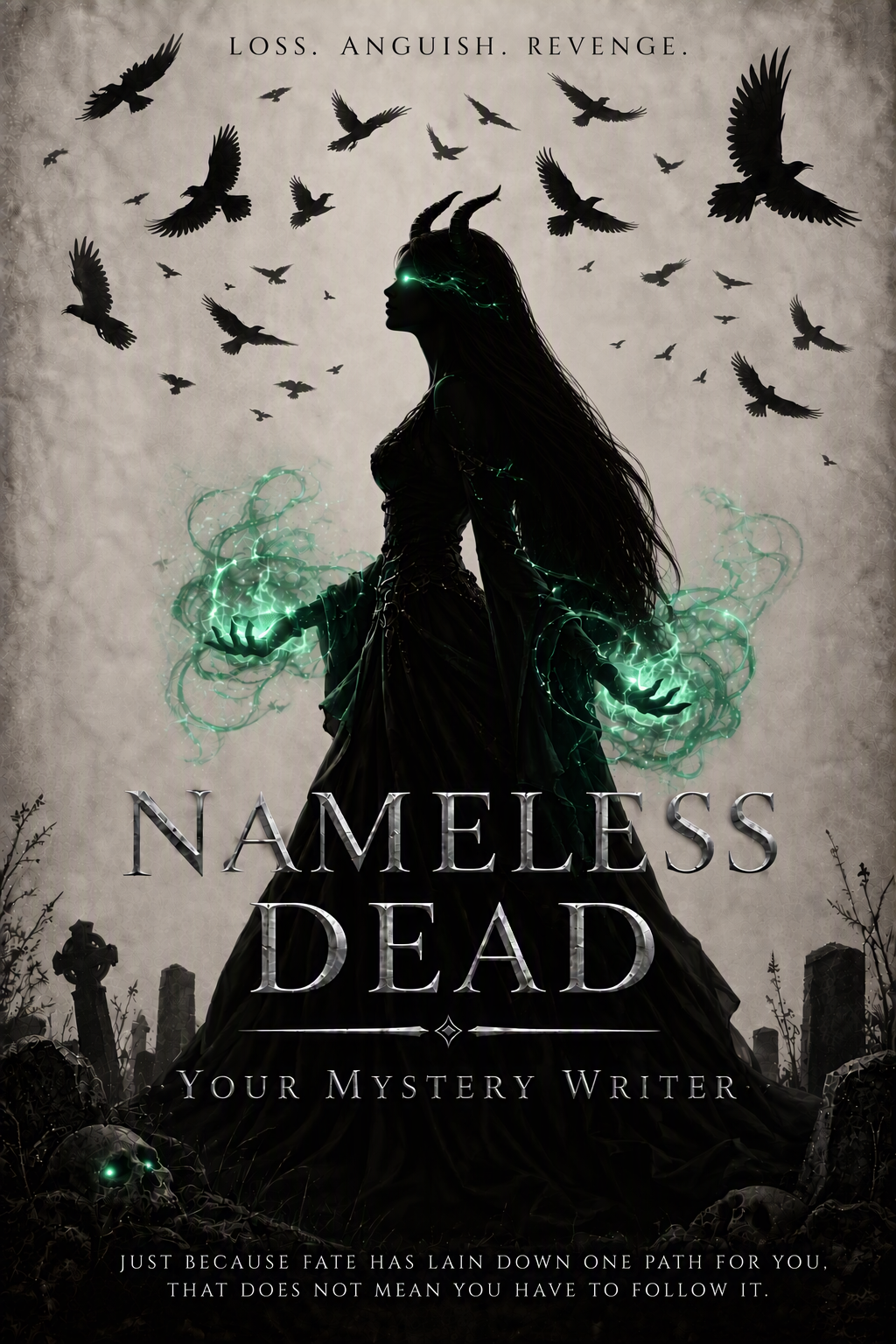 A dark, fantasy-style book cover featuring a woman with horns and glowing green energy around her hands, surrounded by flying black birds and a misty, graveyard-like background.