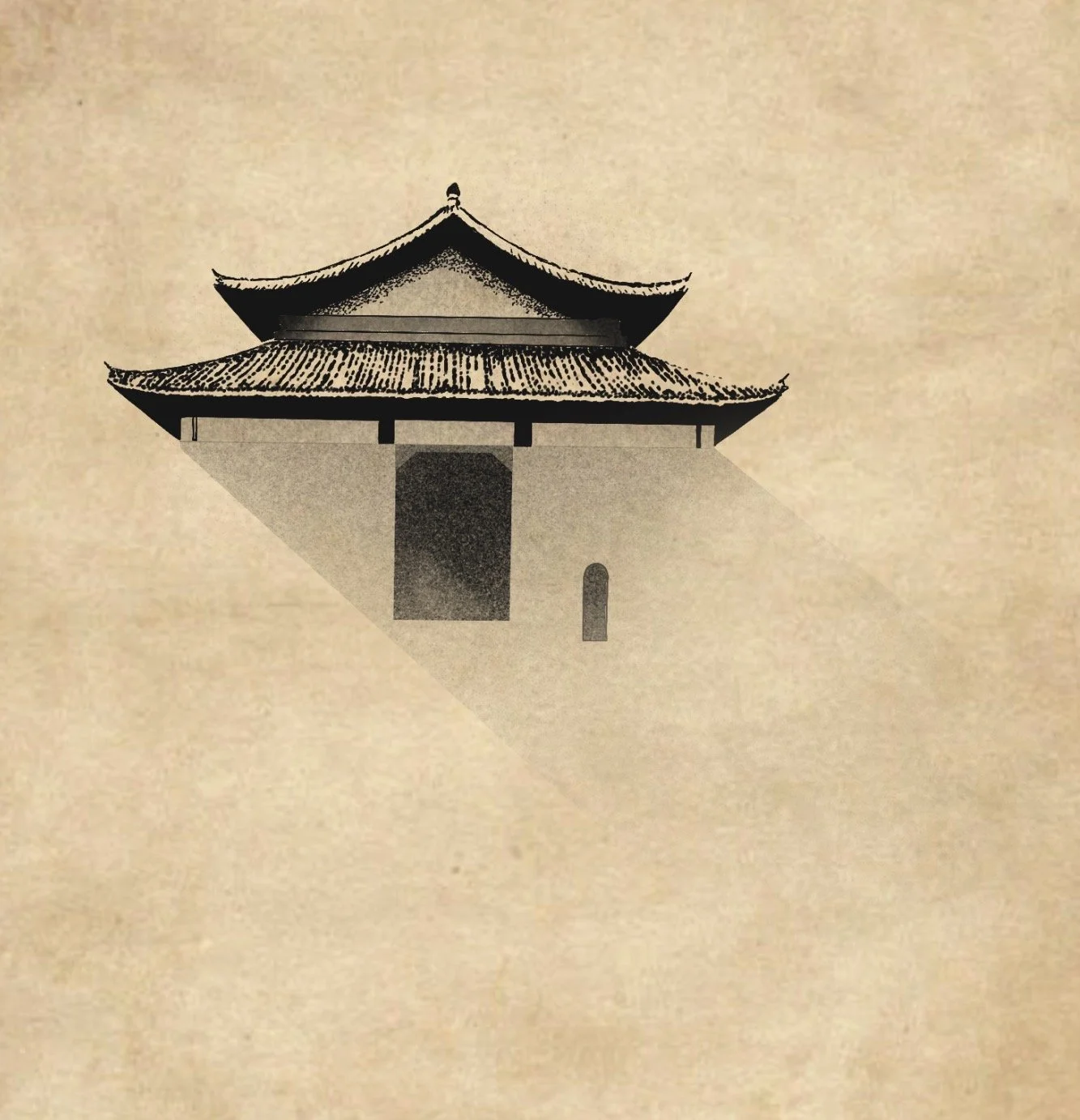 Ein Haus im Stil eines Tempels mit traditionellem asiatischem Dach, das ein Schattenbild auf eine beige Wand wirft.