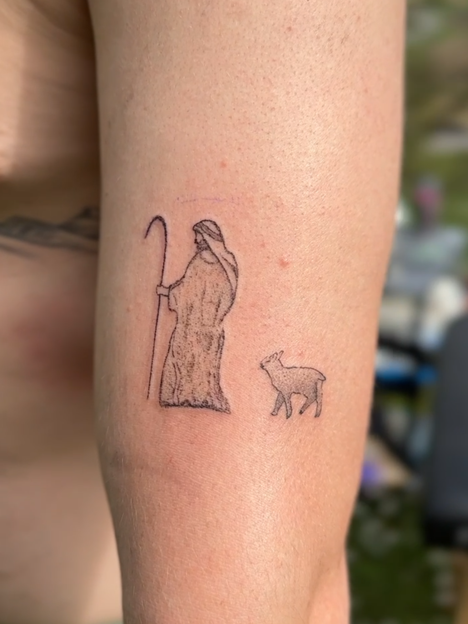 Feiner, minimalistischer Tattooentwurf eines Giraffen- und Löwens in Schwarz auf Haut.