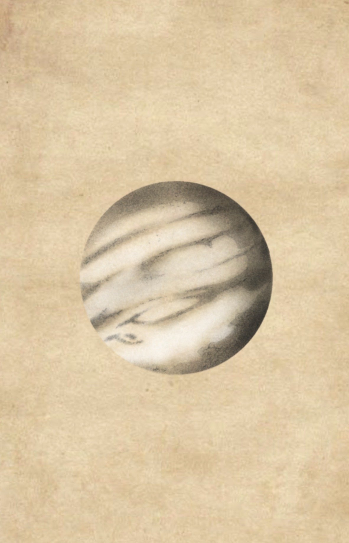Schwarz-weißer Planet mit dunklen und hellen Streifen, vermutlich Jupiter, auf einem beigen Hintergrund.