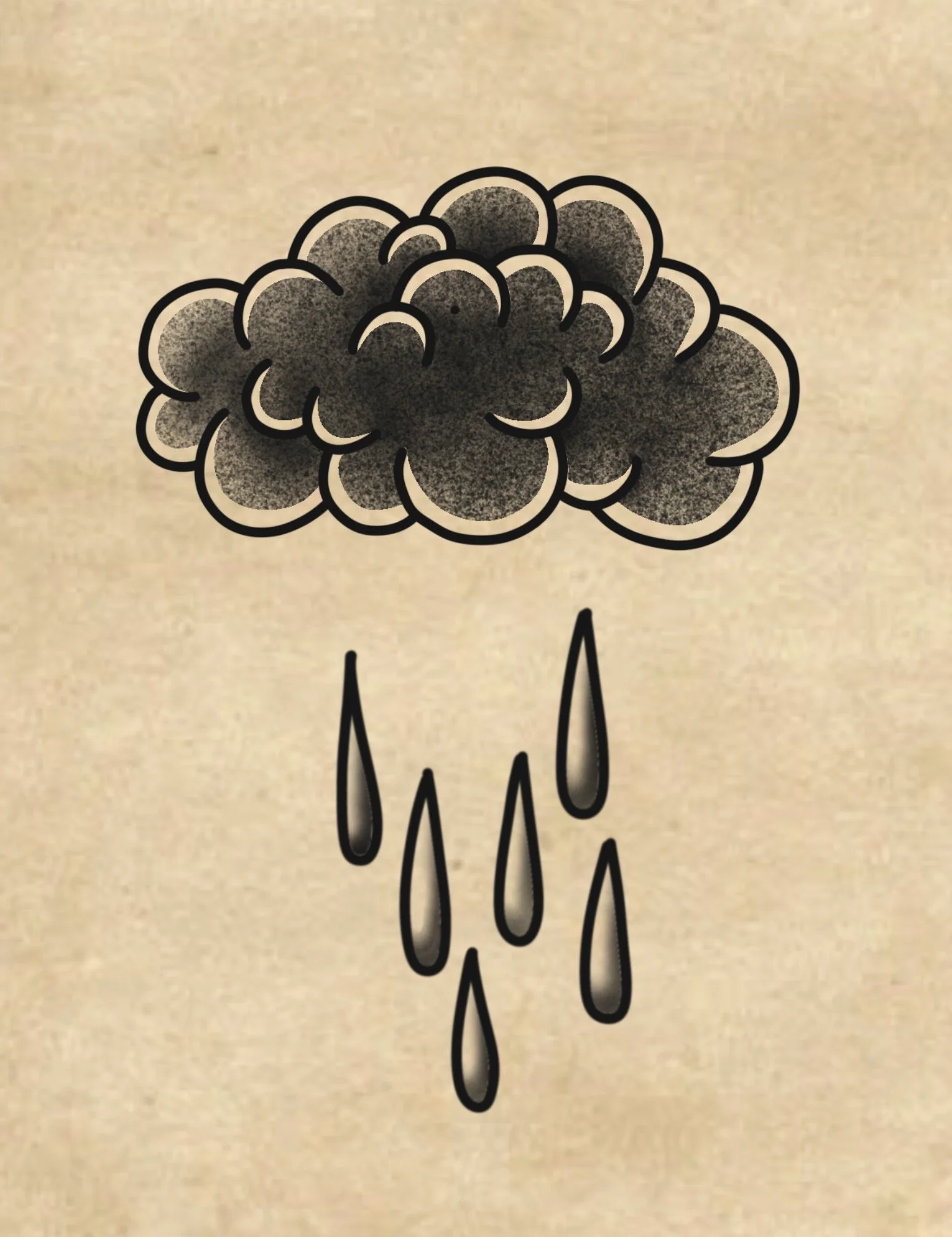 Illustration eines schwarzen Wolken- und Regentendesigns auf einem hellbraunen Hintergrund.