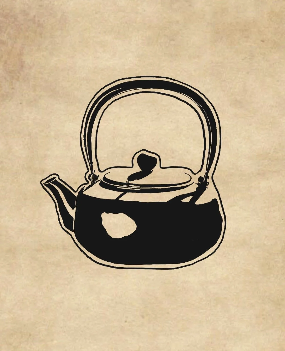 Schwarz-weiß Illustration einer Teekanne auf einem beigefarbenen Hintergrund.