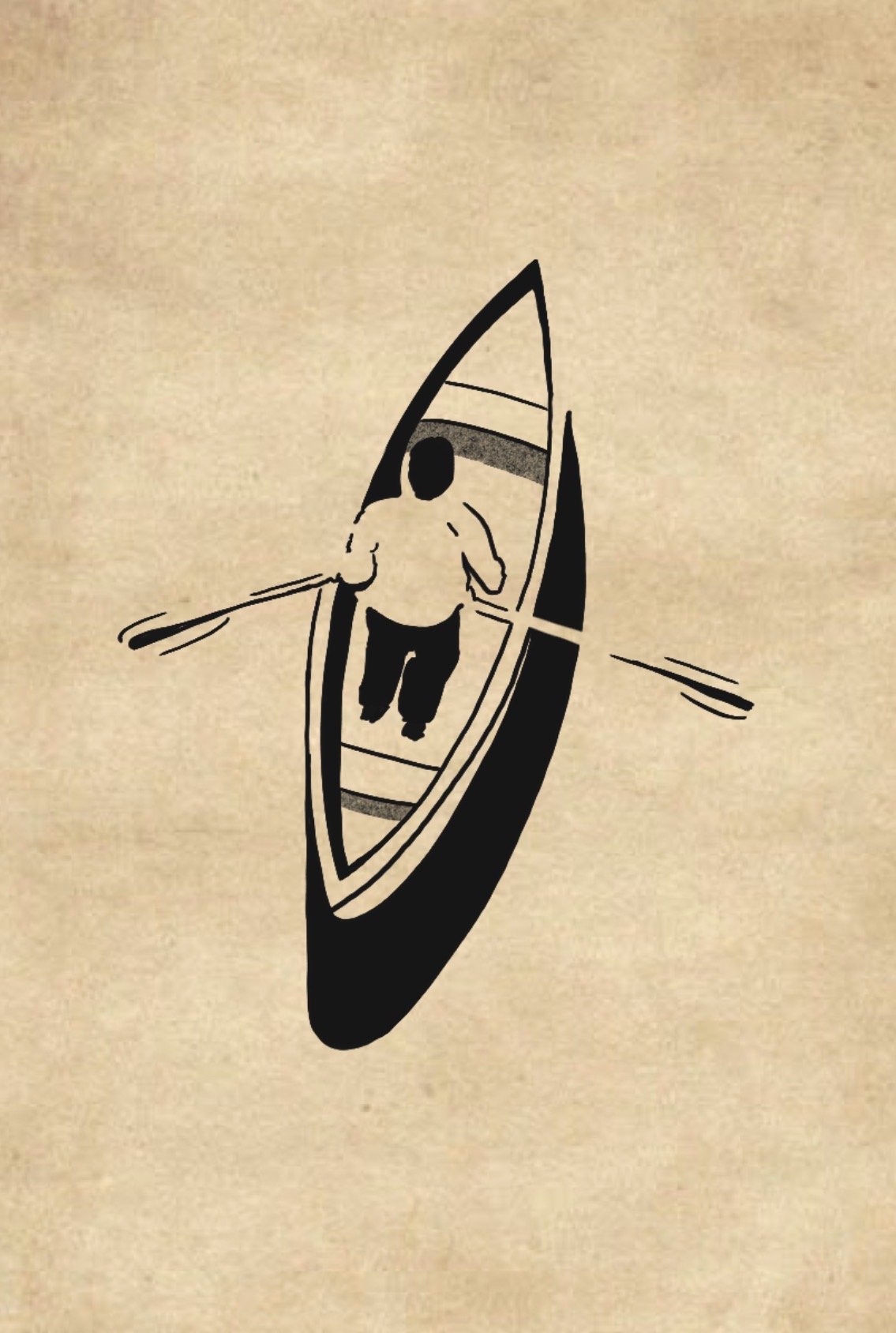 Schwarz-weiß Illustration eines Menschen in einem Kanu, der ein Paddel hält, auf einem Wasser mit Wellenlinien.