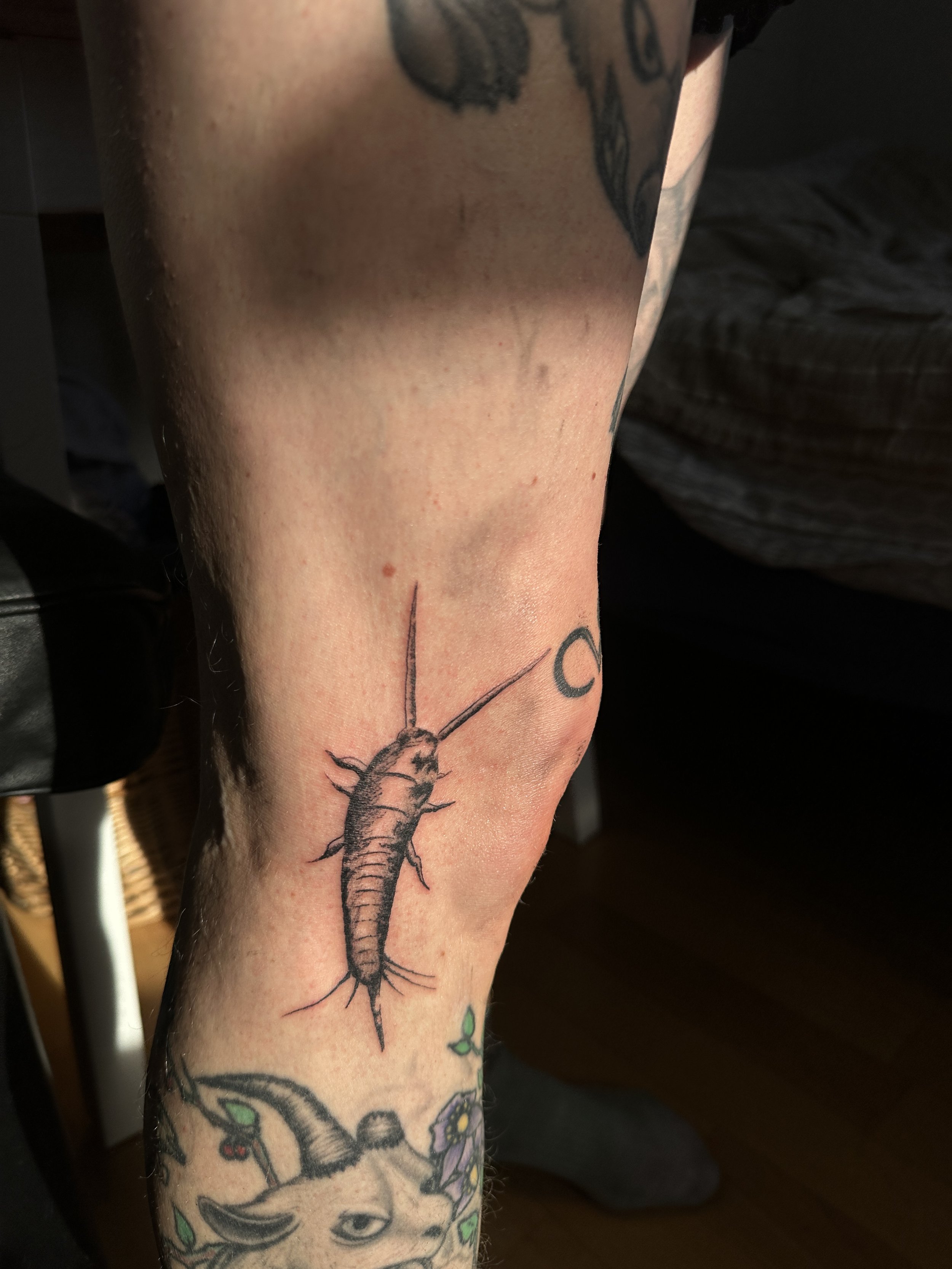 Tattoo eines Skorpions auf dem Unterarm, umgeben von weiteren Tattoos, darunter ein Wolfsgesicht und Blumen.