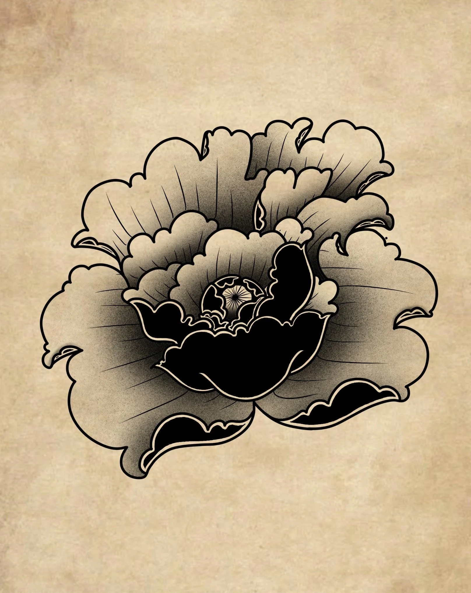 Schwarz-weiß gezeichnete Blume auf beigefarbenem Hintergrund.