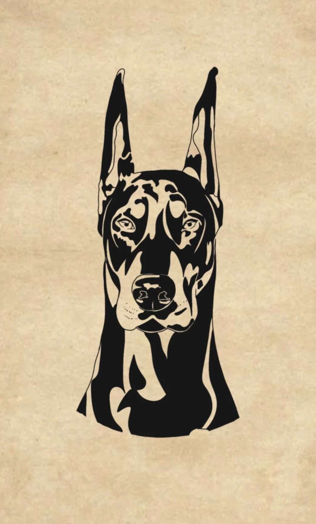 Schwarze Illustration eines Dobermanns auf beigem Hintergrund.