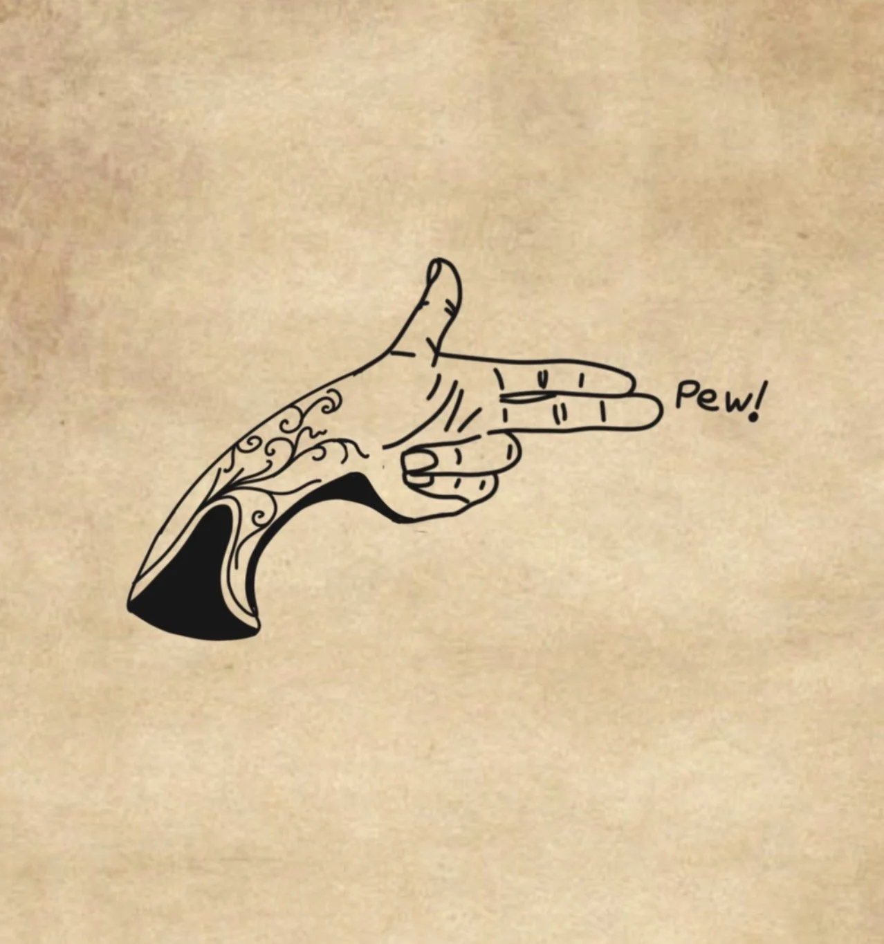 Hand, die eine Waffe in Form eines Guns im Cartoon-Stil hält, mit dem Text "Pew!" neben der Hand.