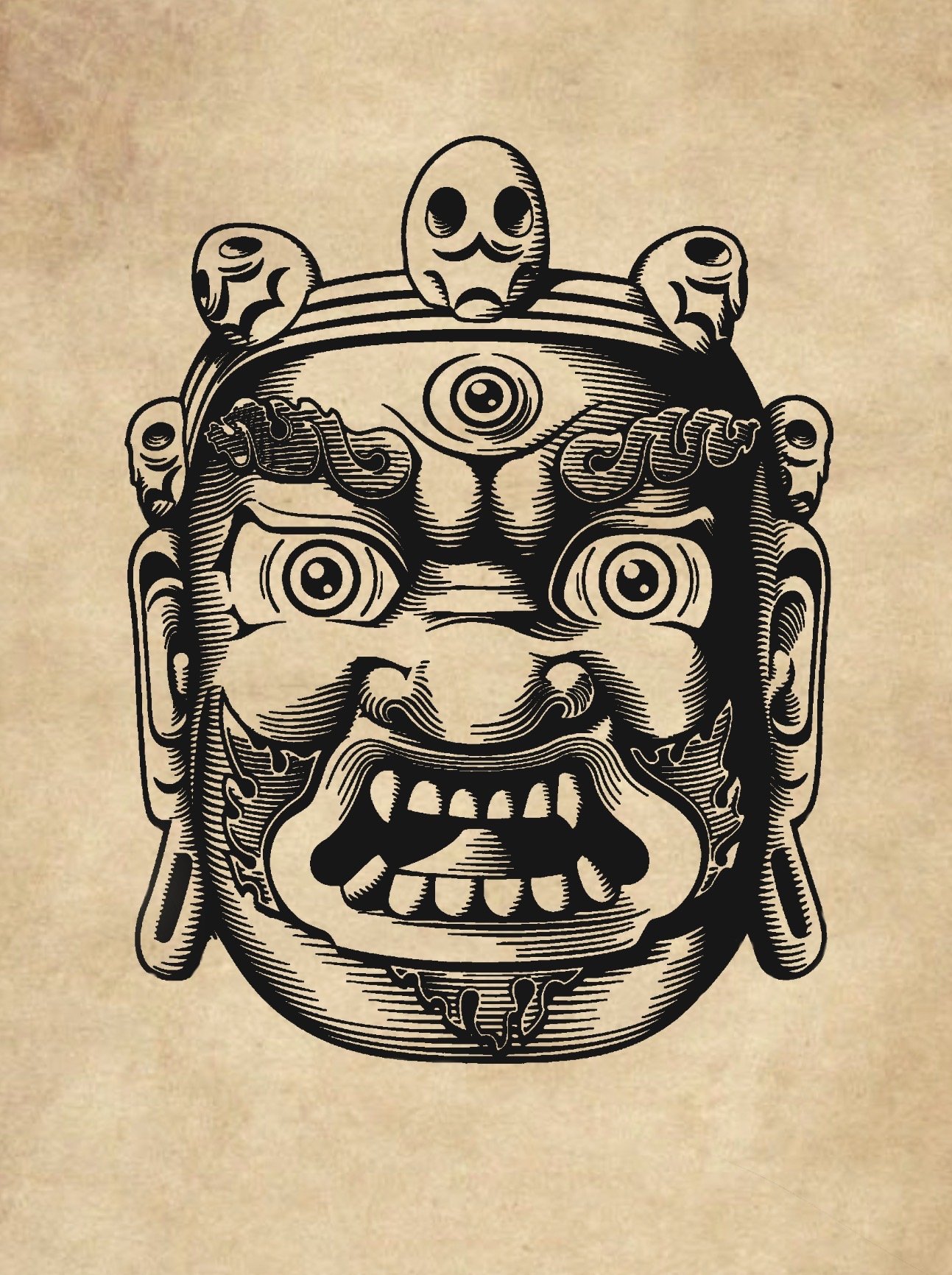 Eine schwarz-weiße Illustration eines traditionellen maskenartigen Gesichts mit vielen Details, das an eine asiatische Tempelmaske erinnert, auf einem beige Hintergrund.