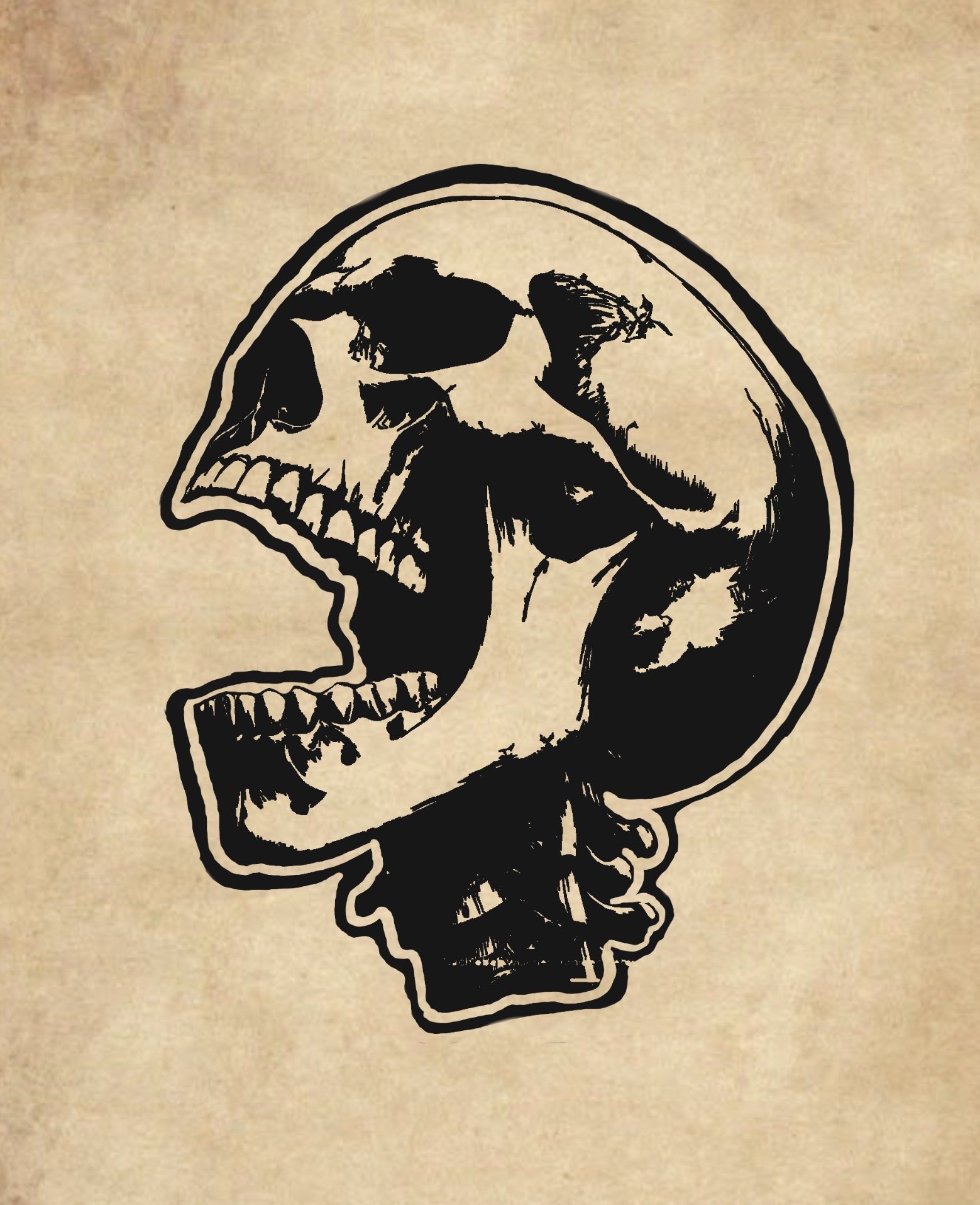 Ein schwarzes Skeleton-Design auf einem beigefarbenen Hintergrund.