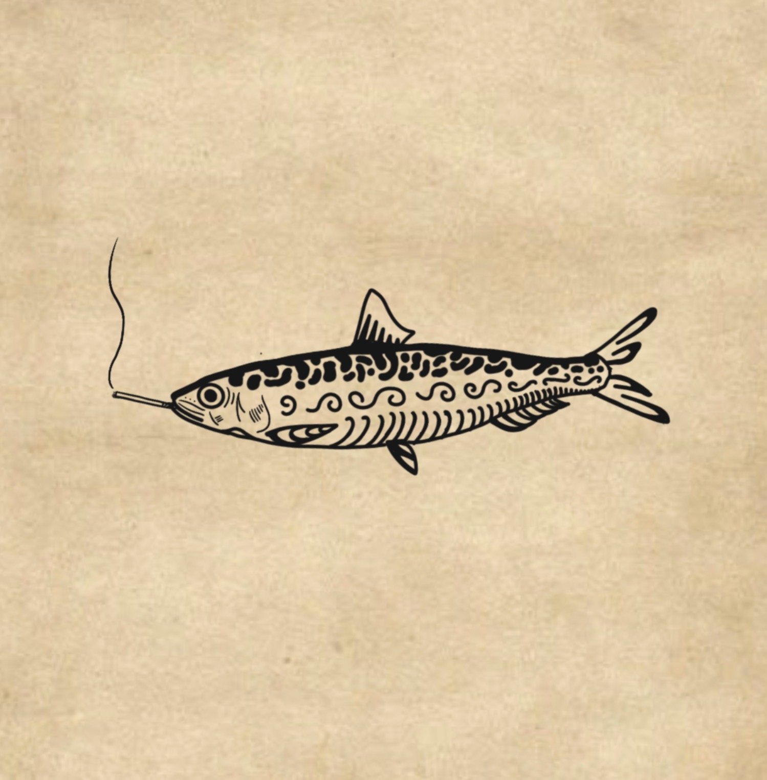 Zeichnung eines Fisches mit einer Zigarre im Maul auf braunem Hintergrund.