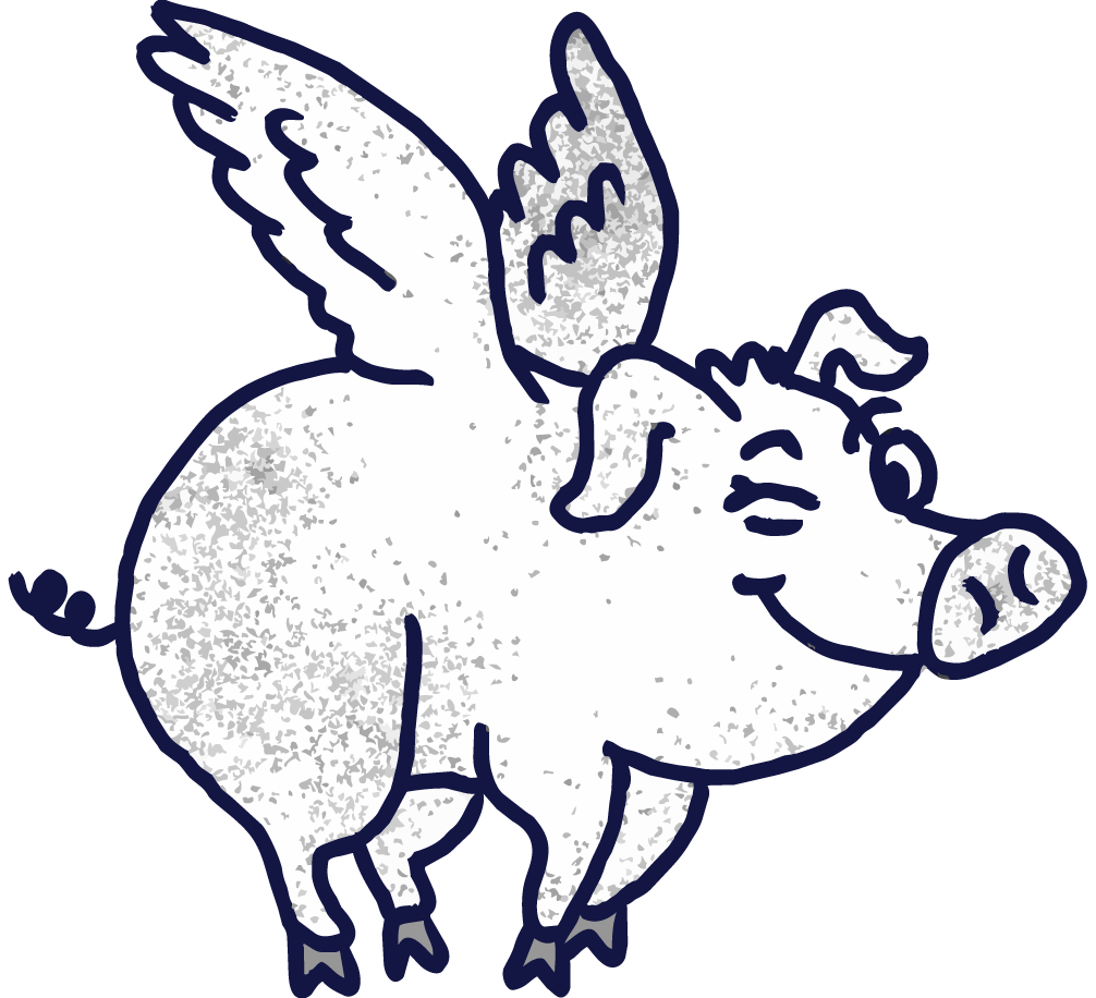 A cartoon pig with wings, smiling with closed eyes, outlined in black, on a black background