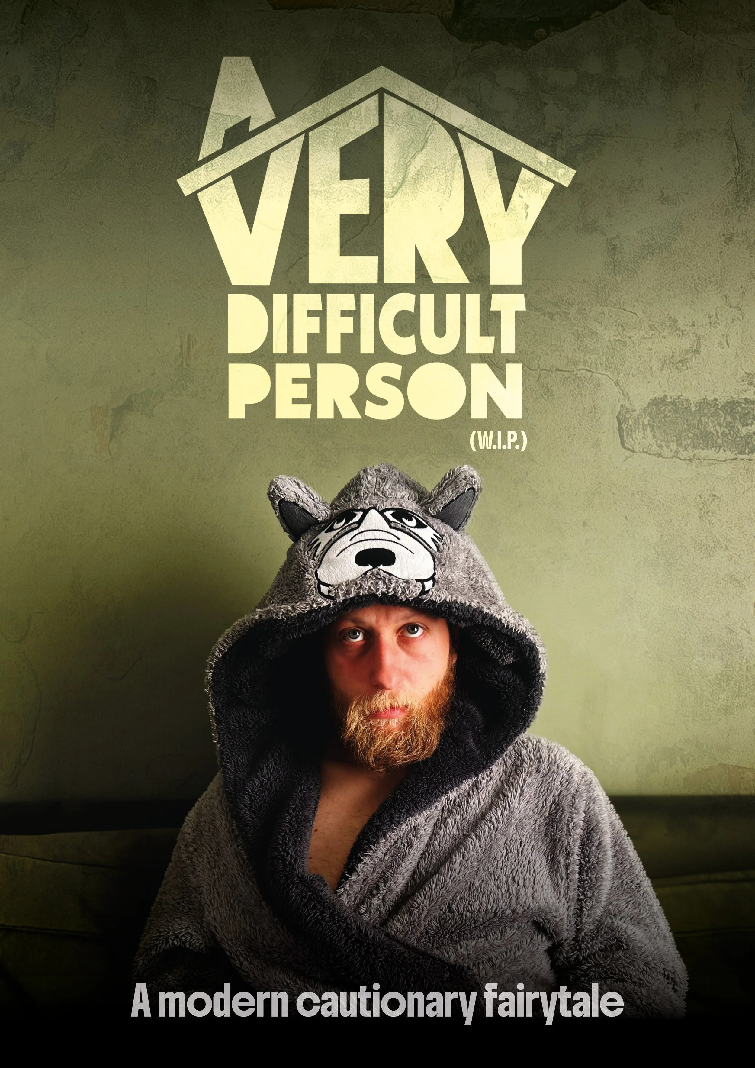 A person with a beard wearing a gray animal costume with a hood resembling a wolf or dog, standing against a green wall. Text on the image reads, 'A modern cautionary fairy tale'.