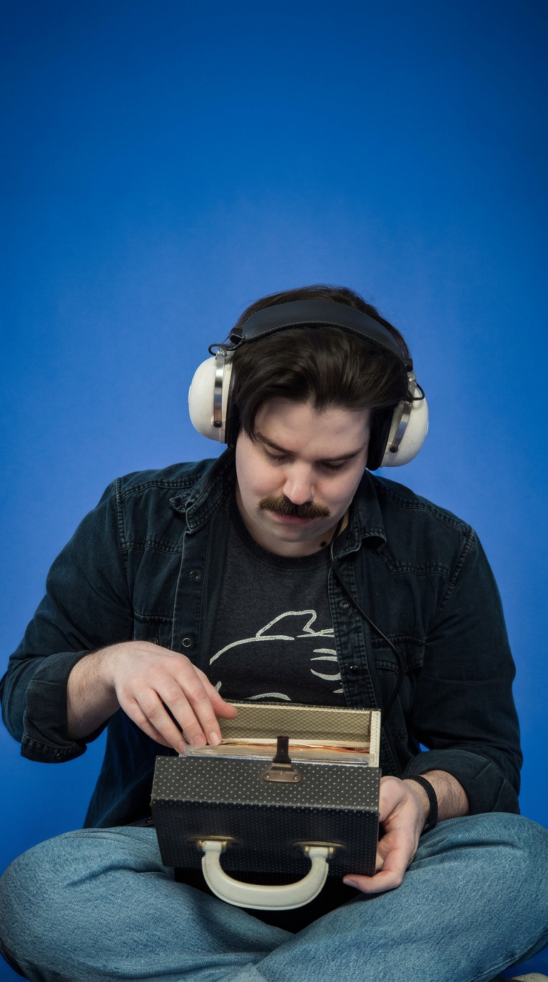 Young man with dark hair and a mustache, wearing headphones, sitting cross-legged, looking into and reaching into a small black suitcase with gold details, against a blue background.