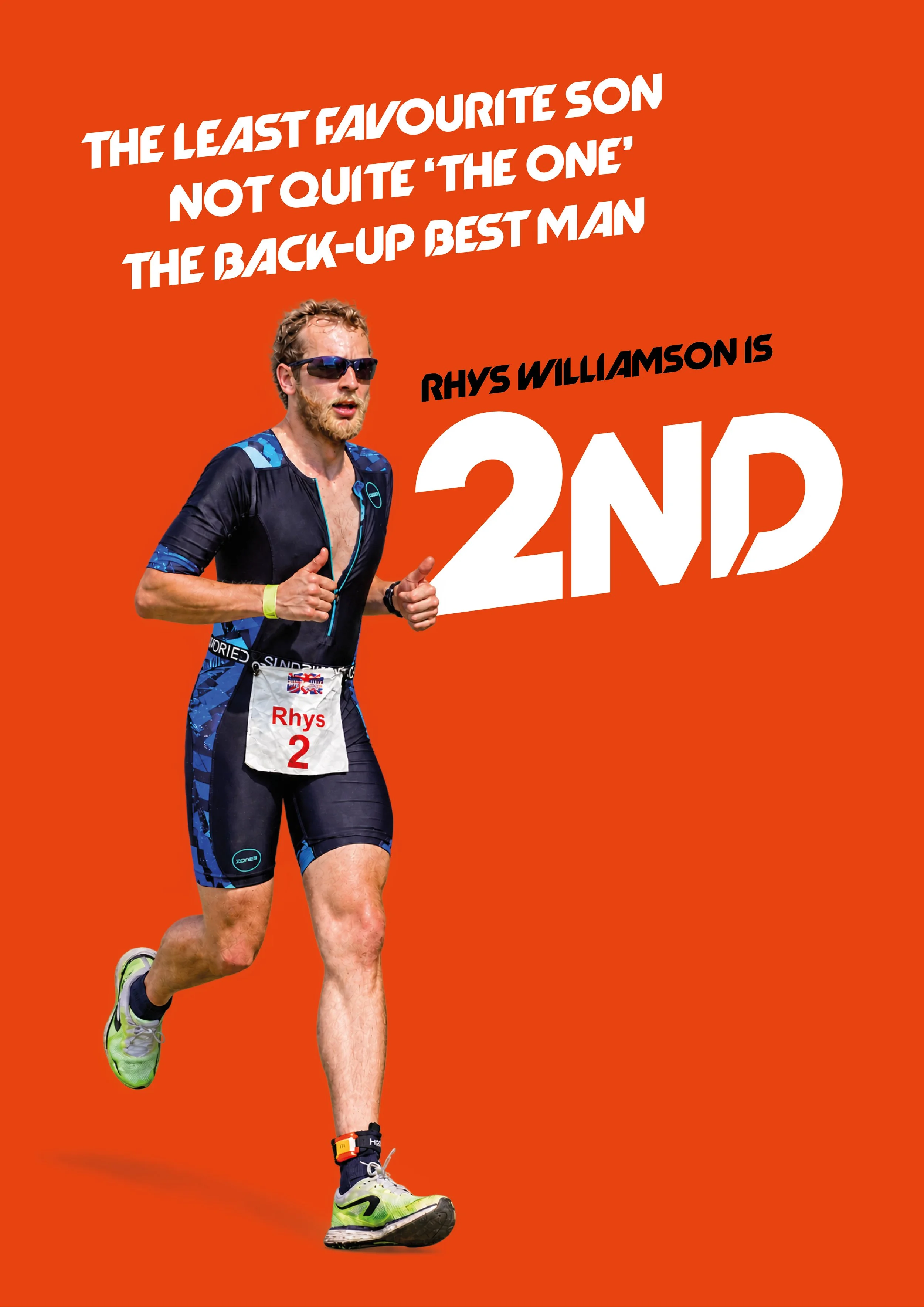 A male runner wearing sunglasses, a black and blue sports outfit, a race bib with the name Rhys and the number 2, and bright yellow-green running shoes on a red background. There is a quote and text indicating he is the second-place finisher.