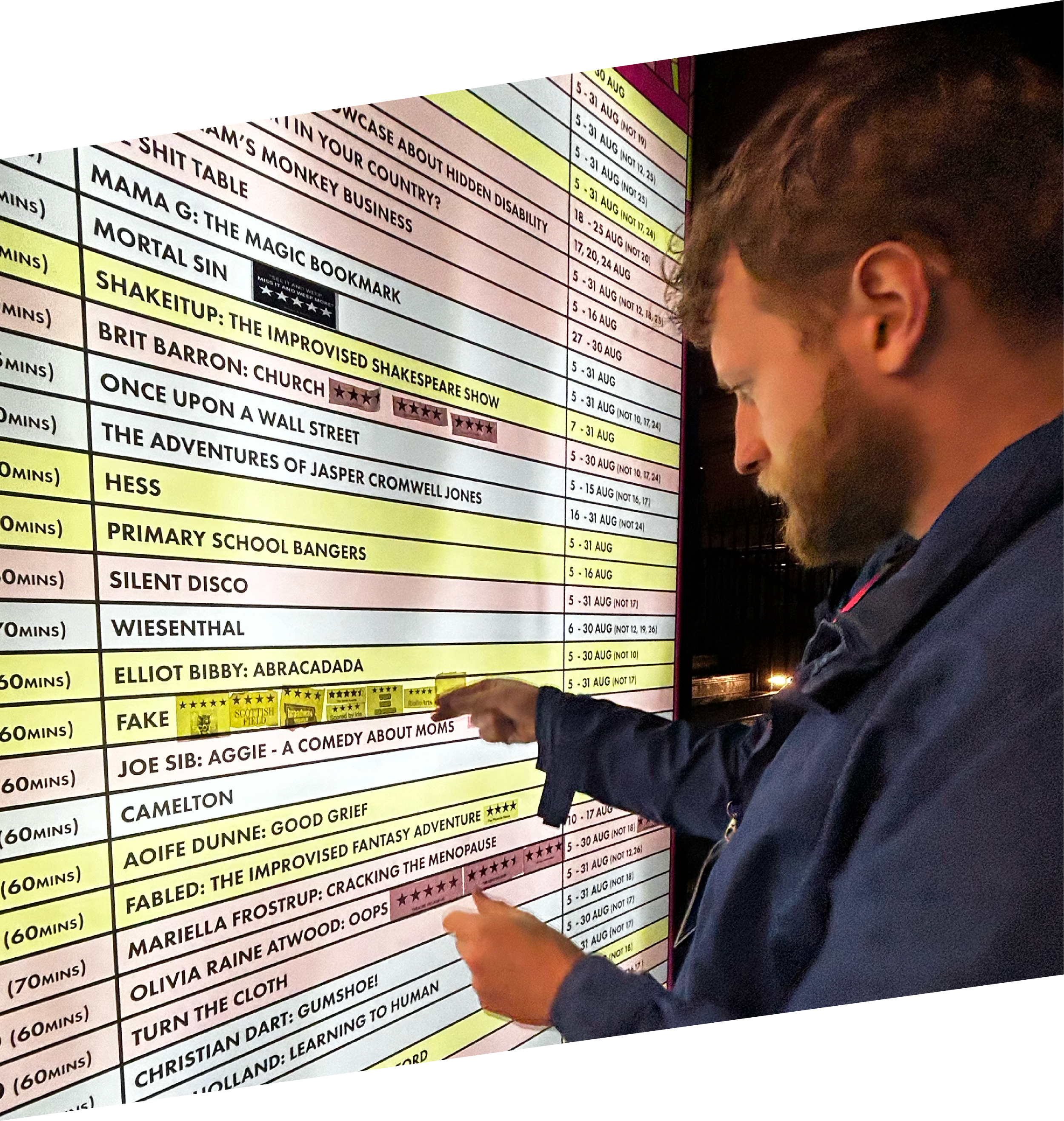 A person standing in front of a colorful schedule or list on a wall, pointing at the list with their finger.