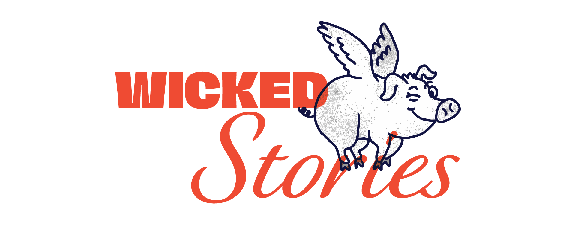 A logo for 'Wicked Stories' featuring a cartoon pig with wings, smiling, with the words 'Wicked' in bold red uppercase letters and 'Stories' in orange cursive font.