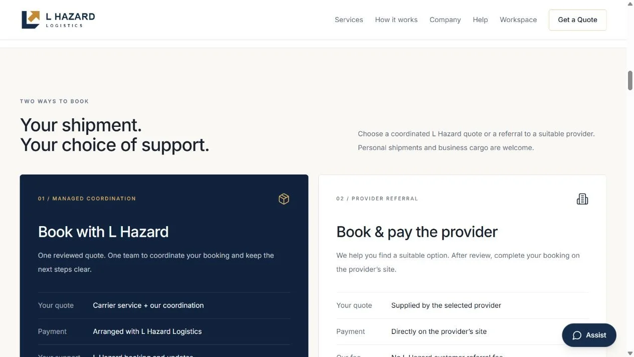 L Hazard Logistics shipment coordination and provider referral website